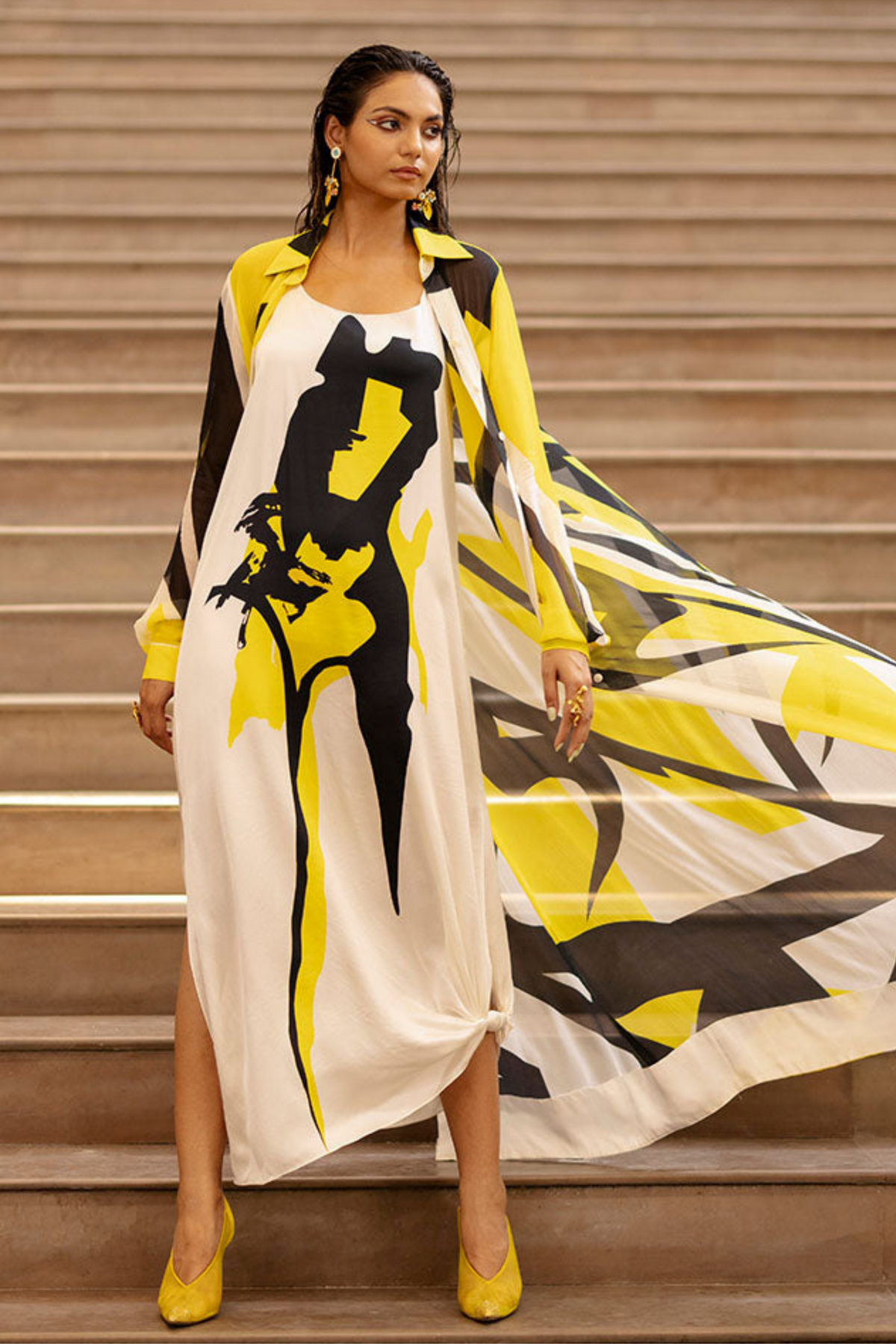 Abstract Print Jacket With Slip Dress