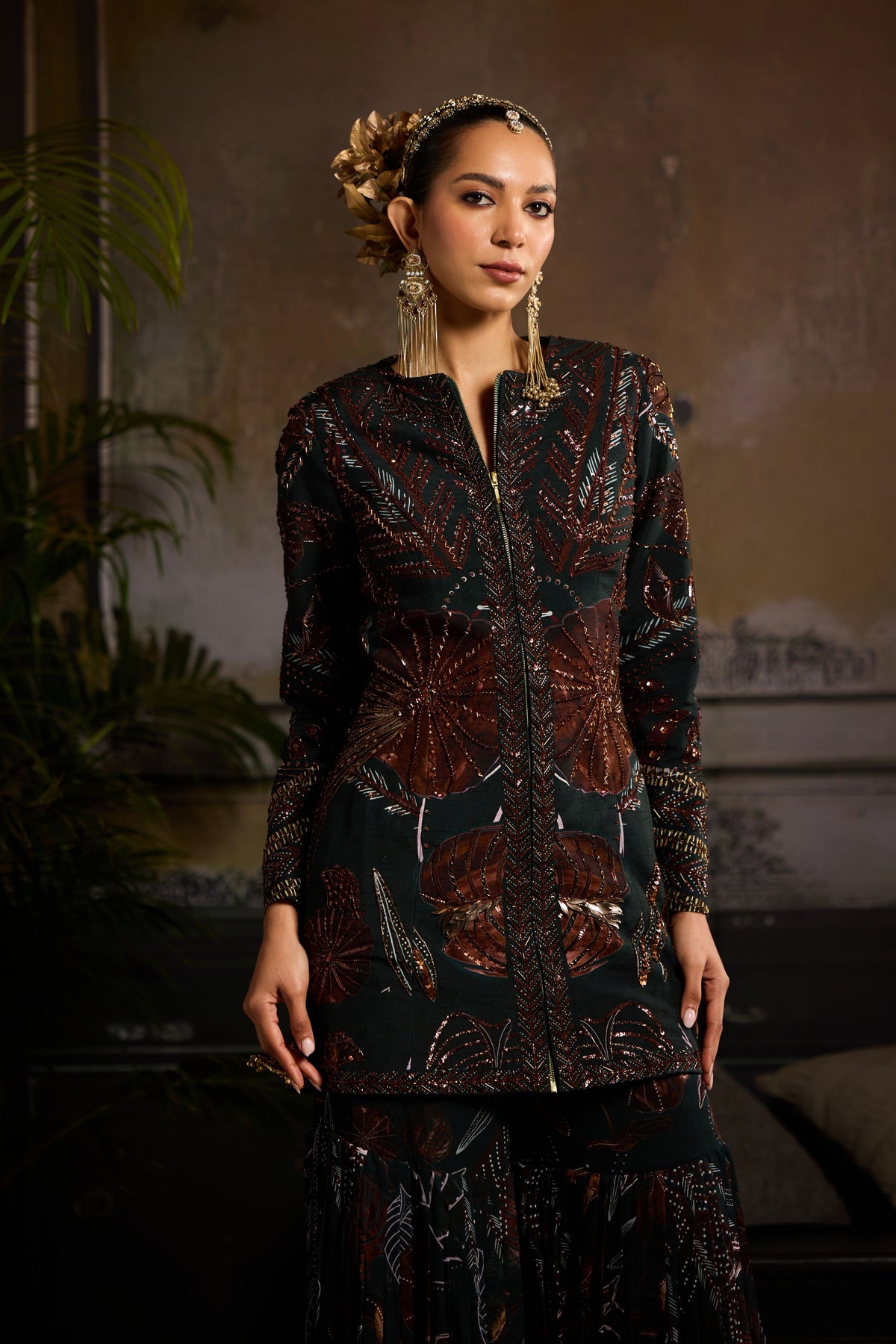 Dark Green Print Blazer Set
