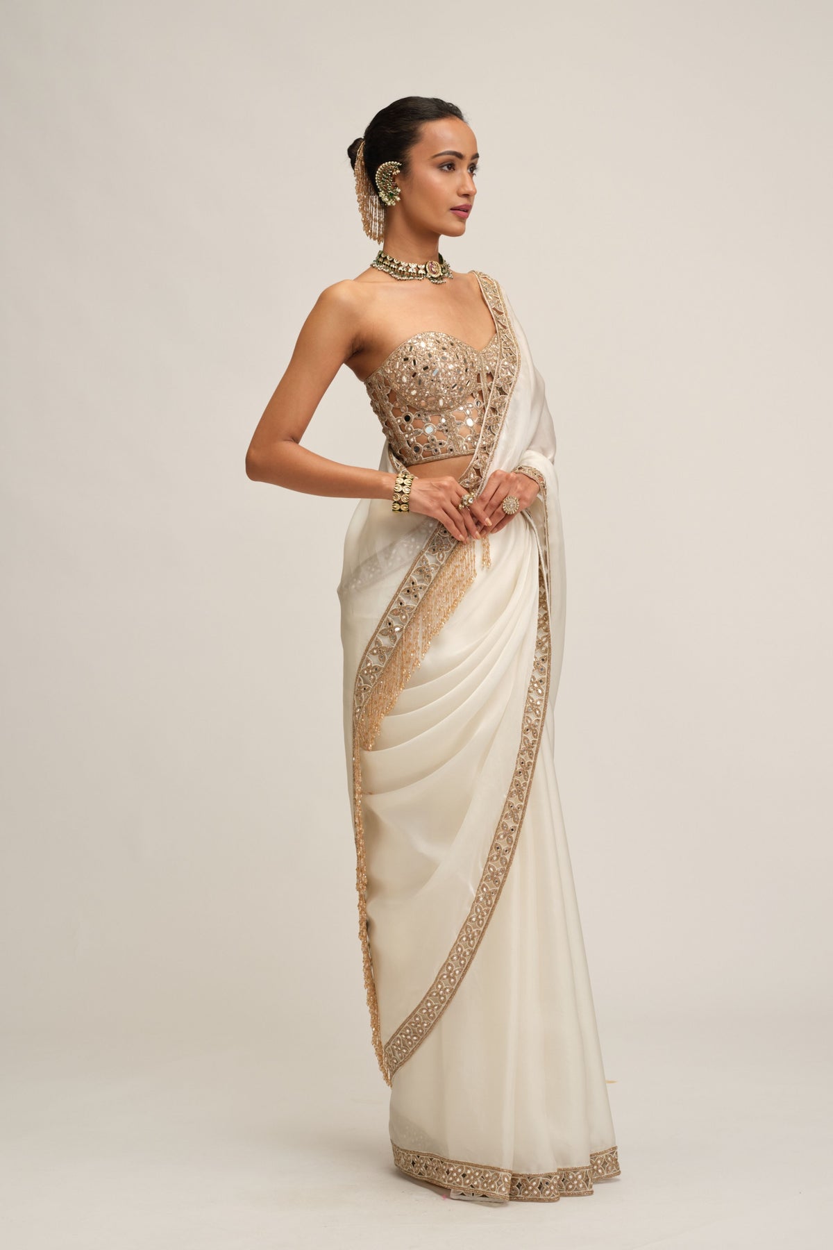Off White Border Saree Set