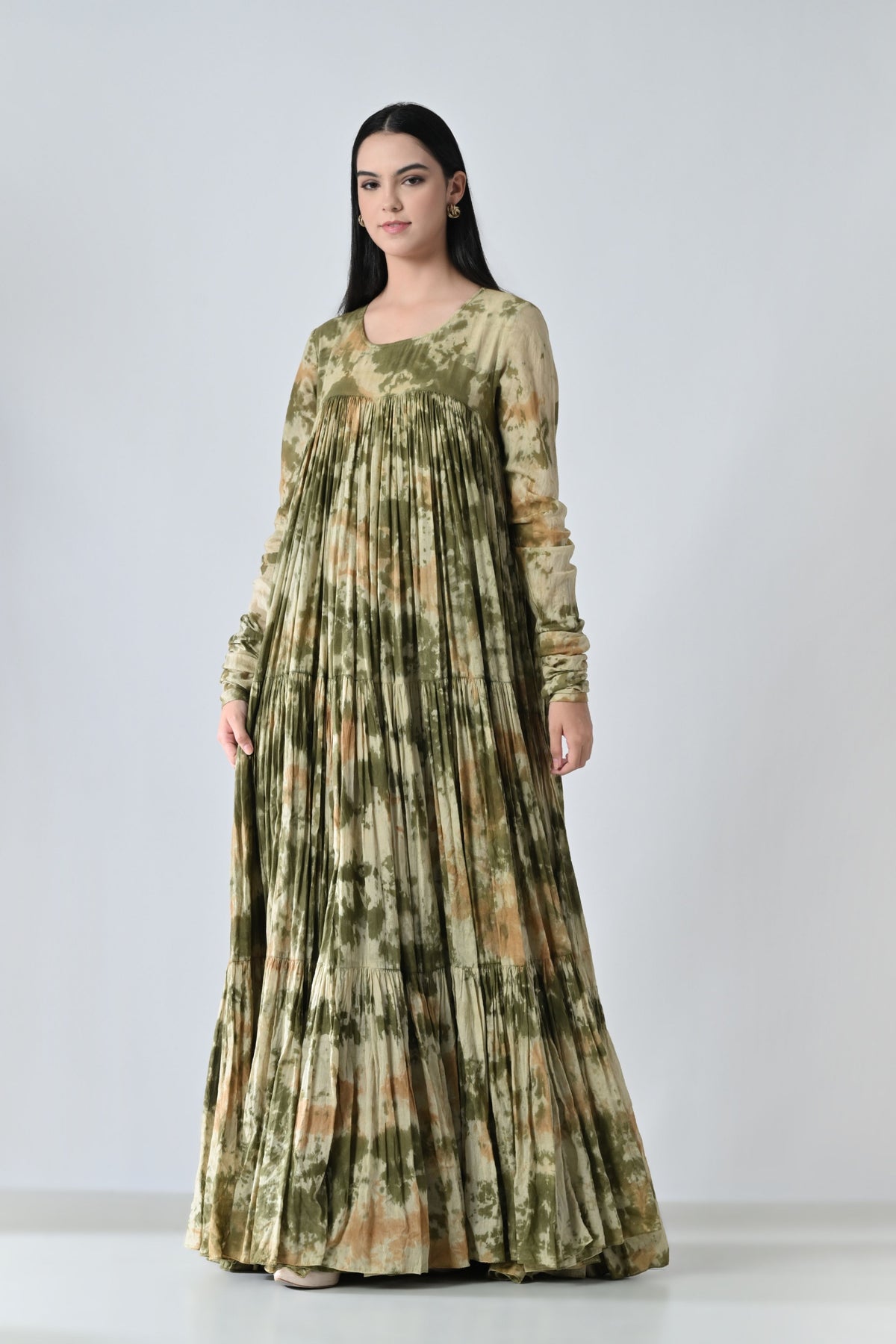 Olive Meadow Pleated Printed Dress