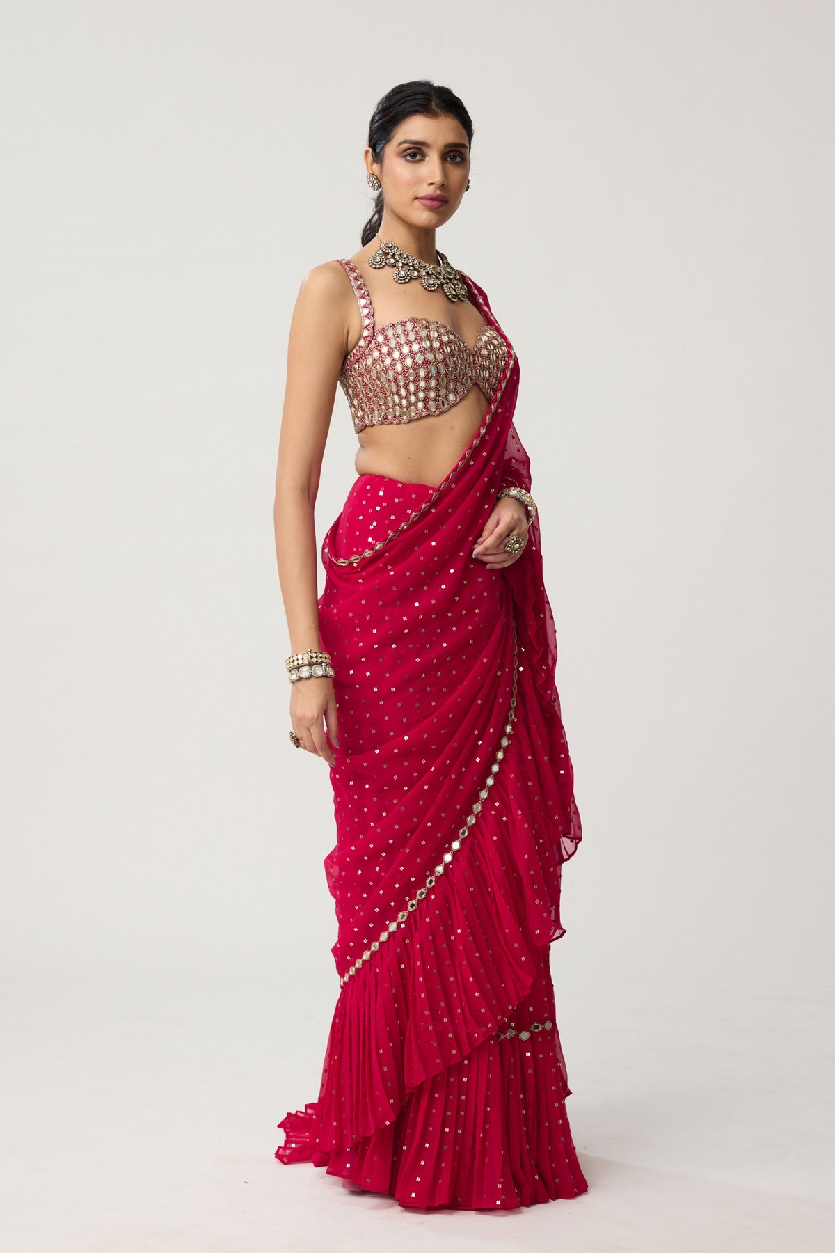 Crimson Red Ruffle Saree Set