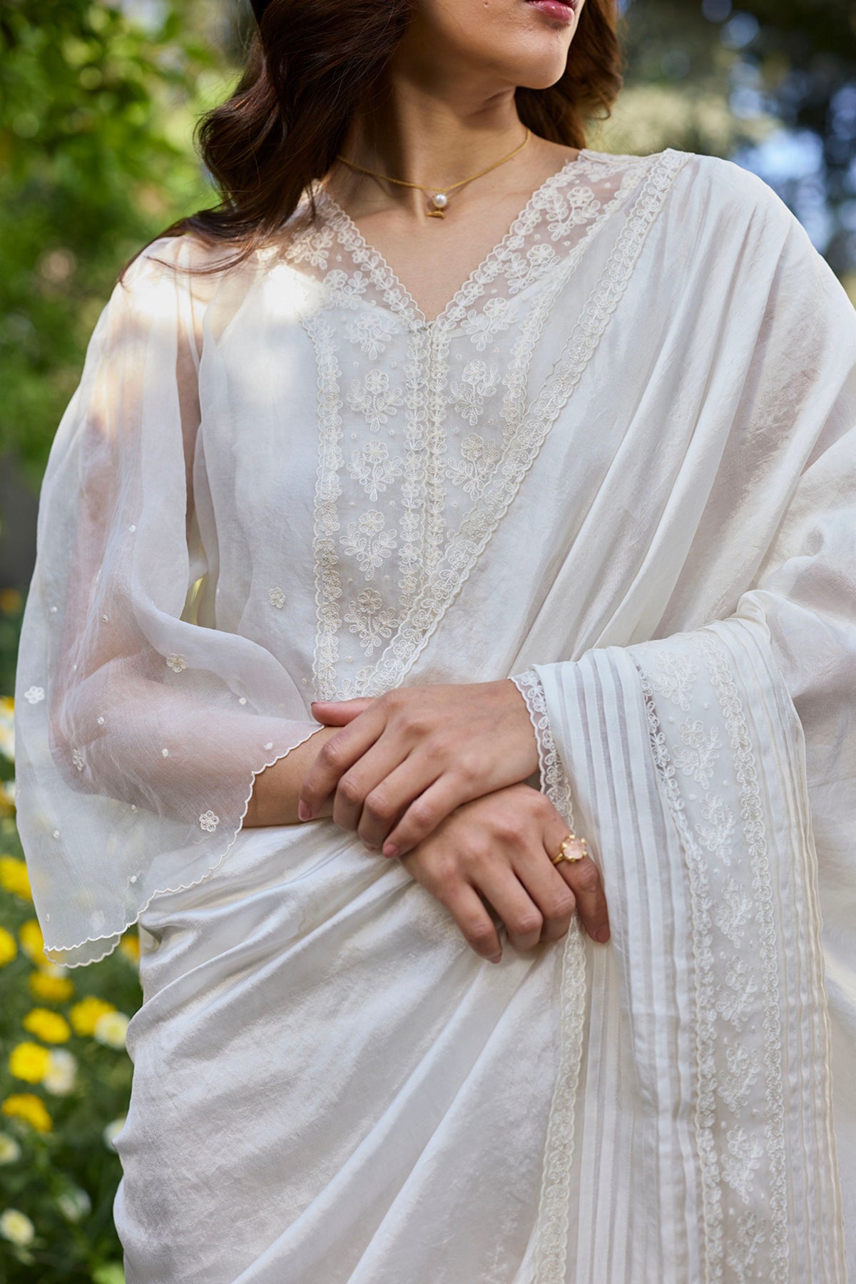 Wander Trail Ivory Embroidered Saree