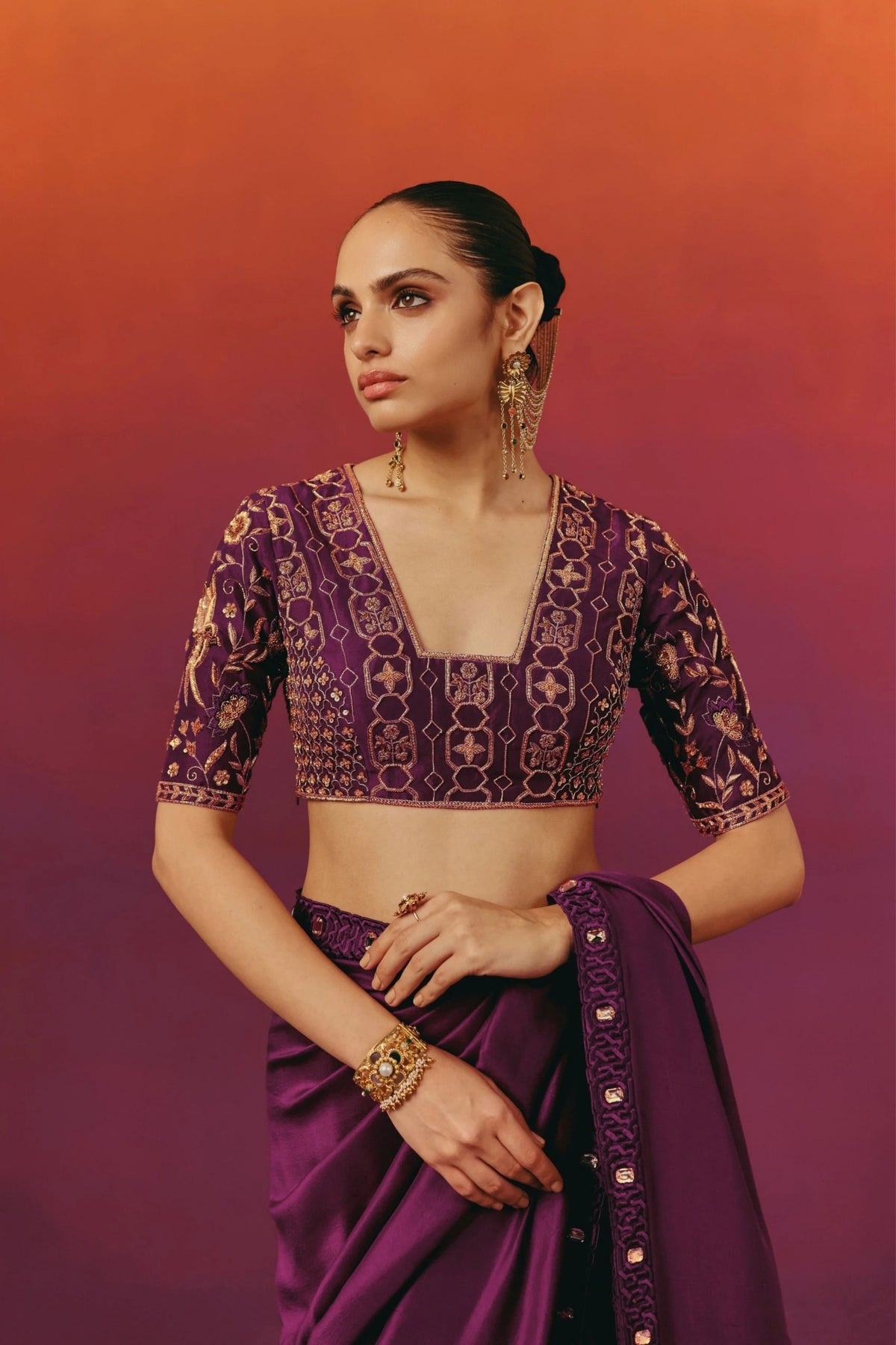 Embroidered Purple Saree Set