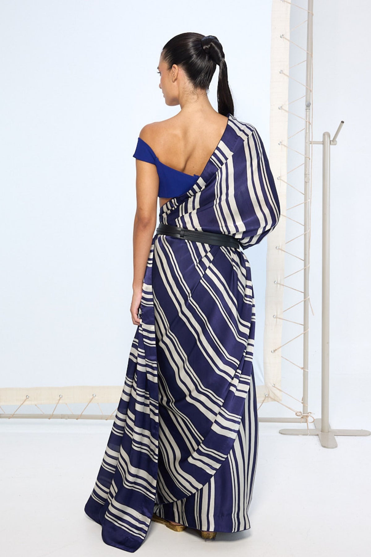 Navy Striped Printed Saree