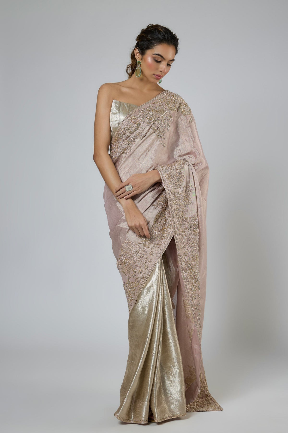 Pink Silver Draped Saree Set