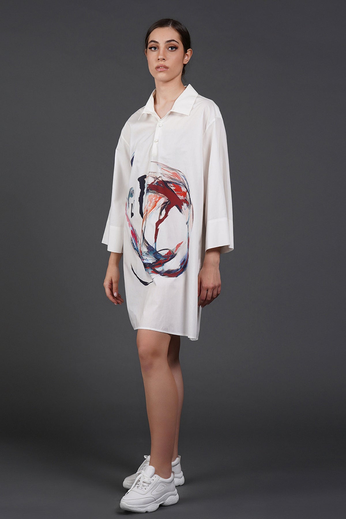 White Collar Digtal Print Dress
