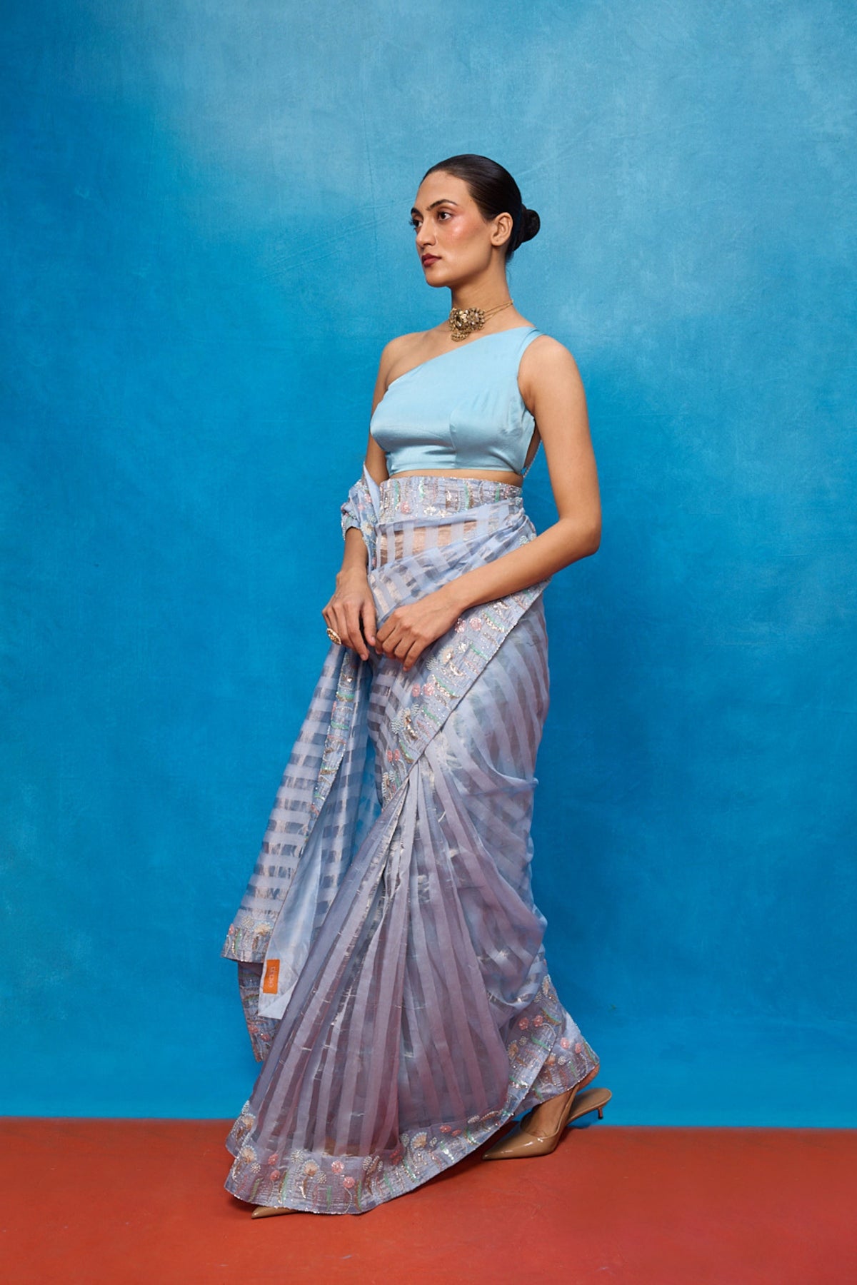 Handwoven Ice Blue Tissue Embroidered Saree