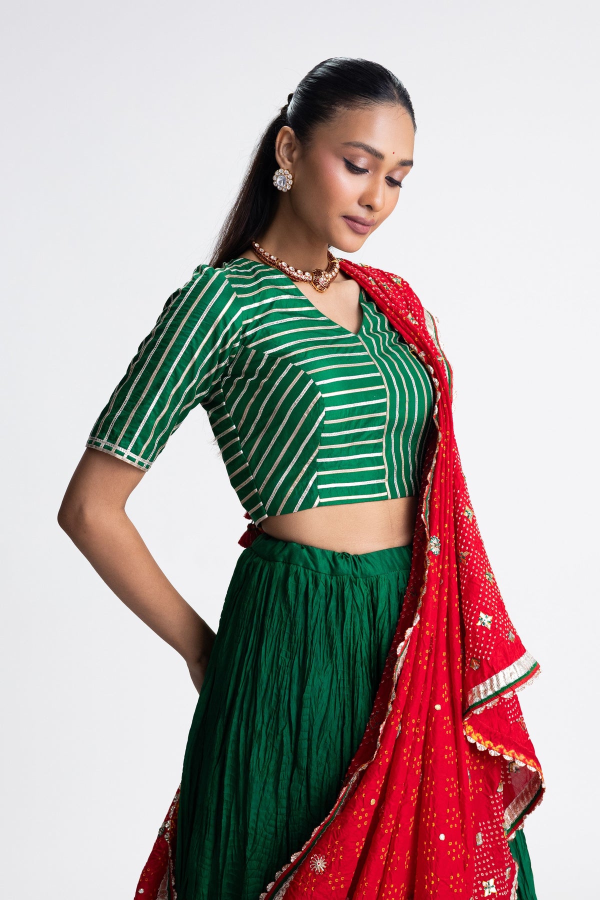 Green Crushed Silk Lehenga