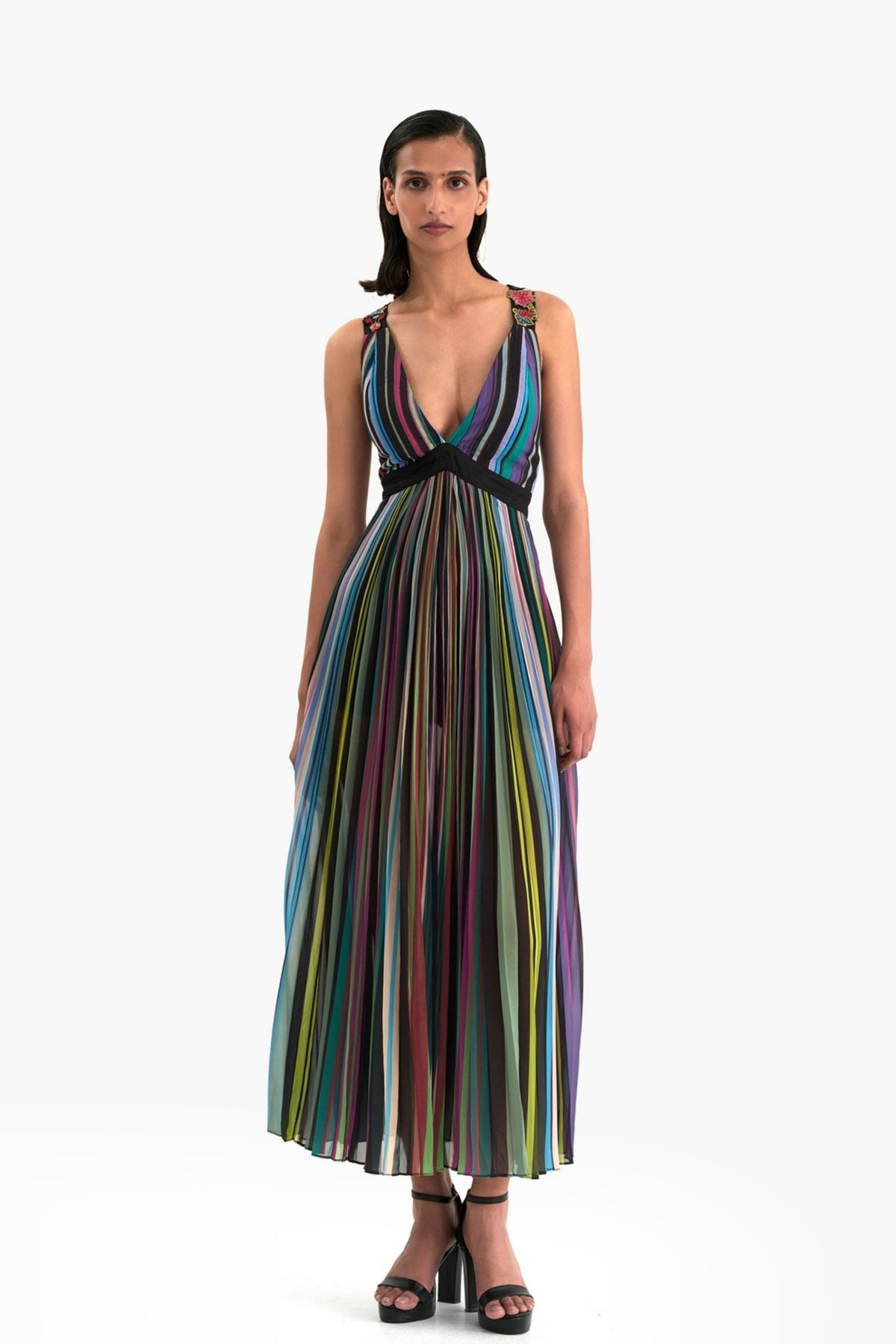 Striped Radial Pleated Maxi Dress