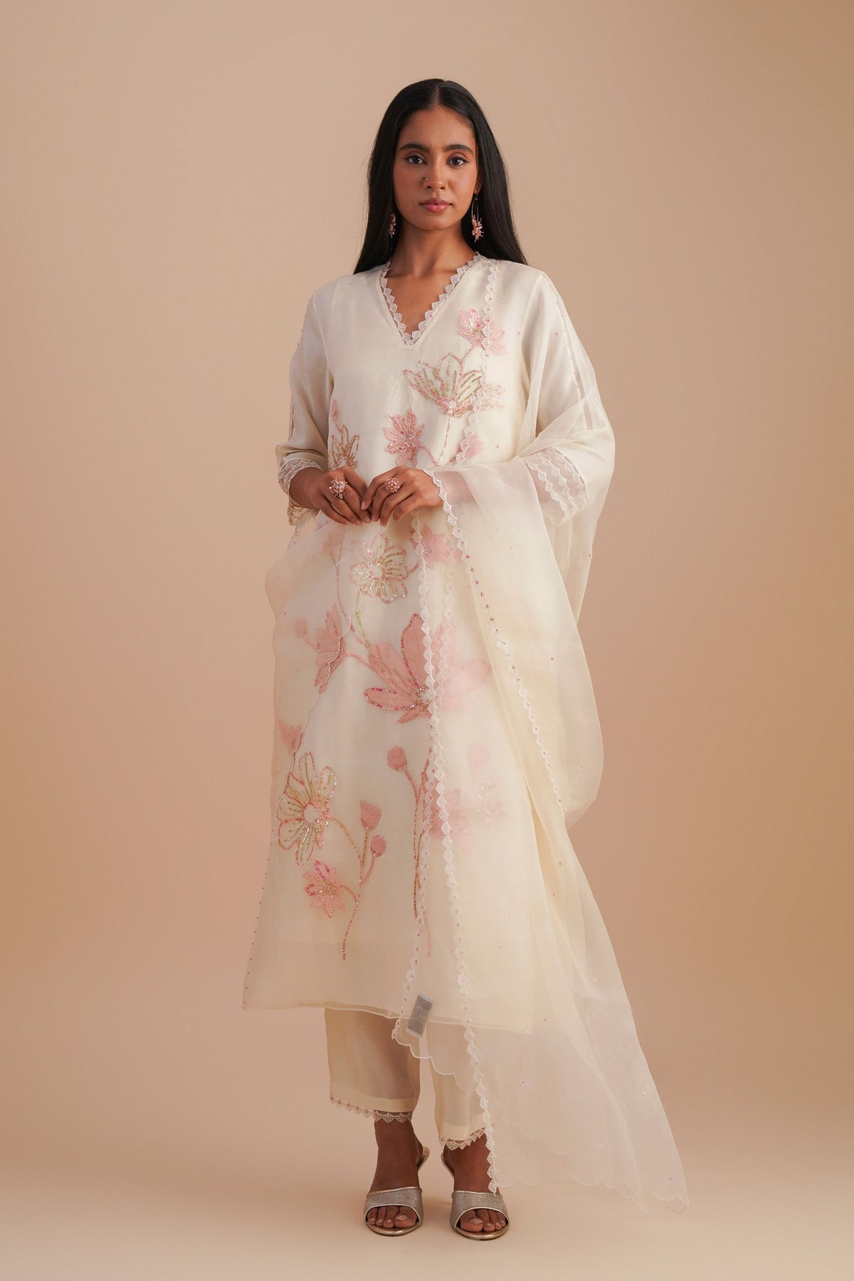 Ecru Silk Organza Dupatta