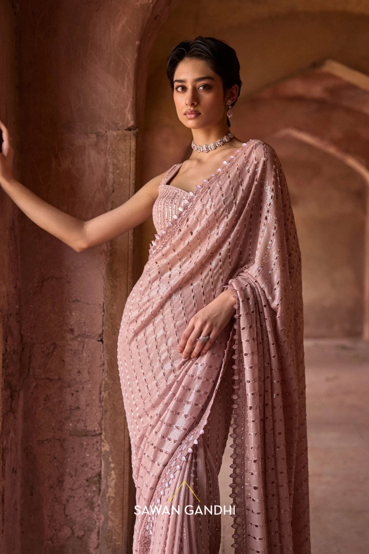 Dusky Pink Cutwork Saree Set