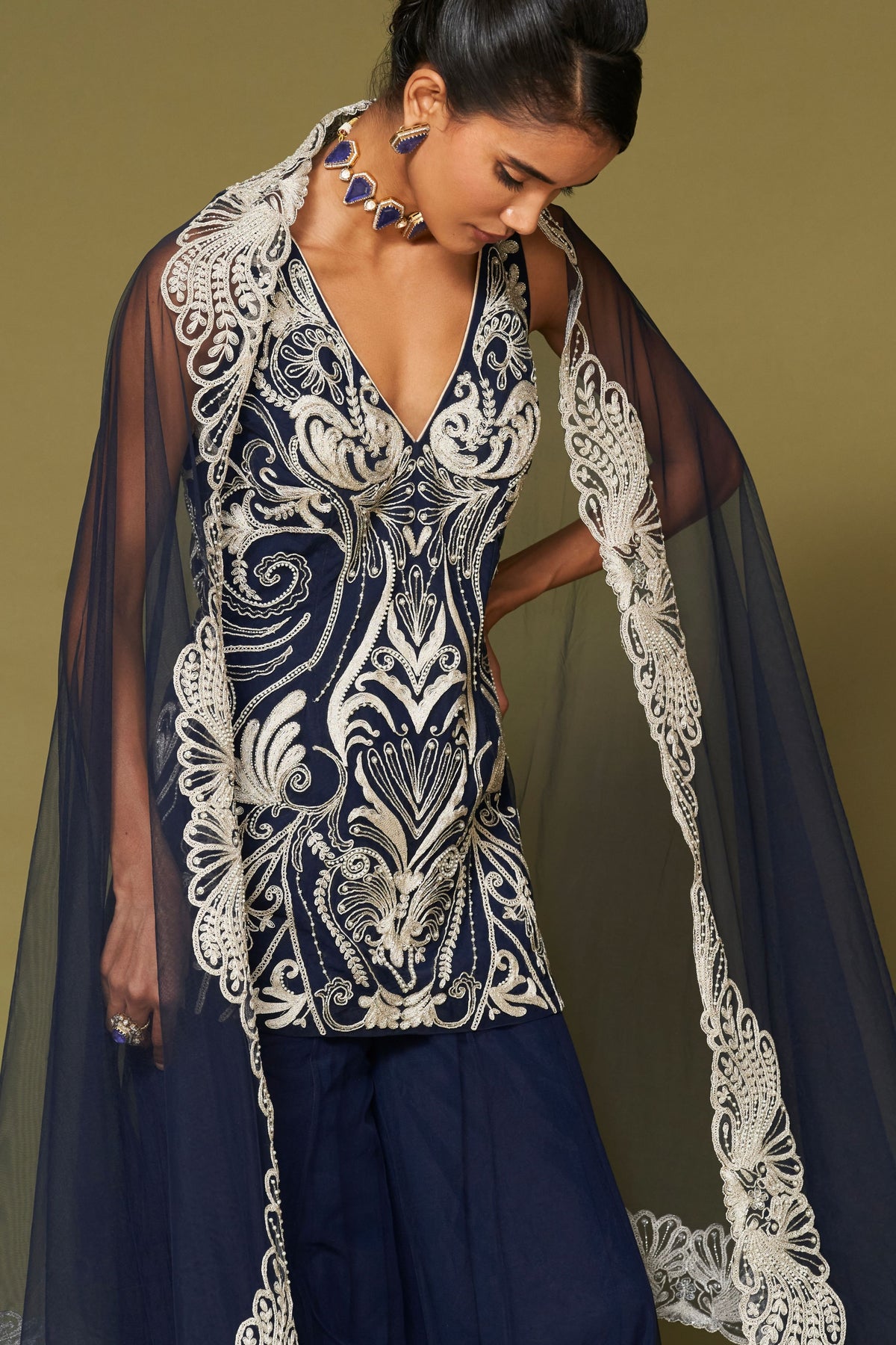 Midnight Navy Embroidered Sharara Set