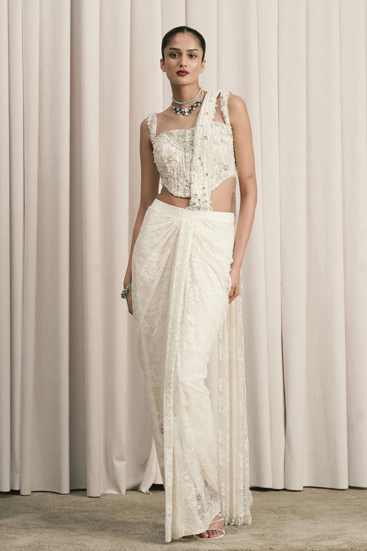 Ivory Chantilly Lace Draped Saree  Set