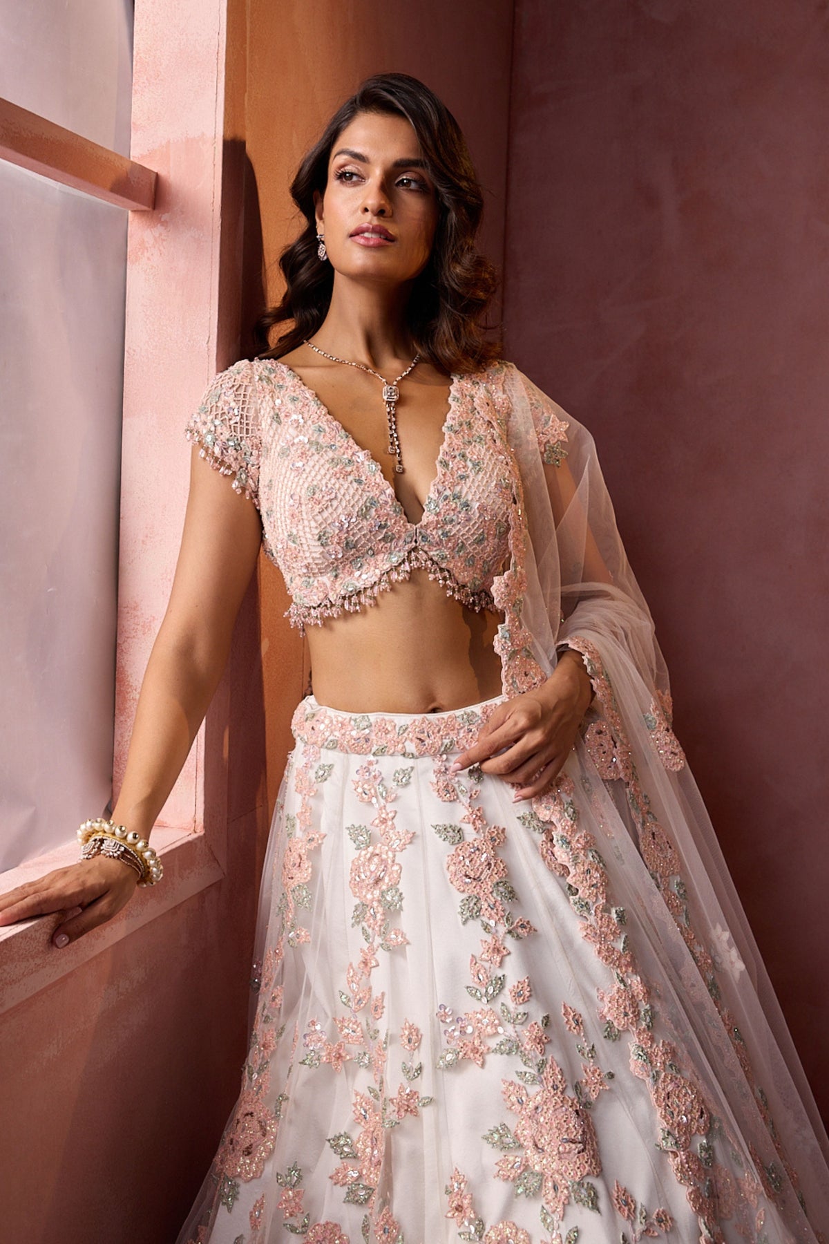 White Leather Applique Lehenga Set