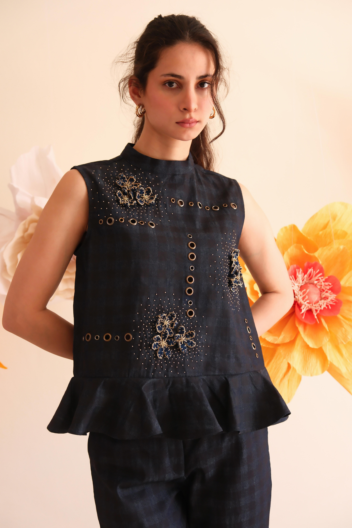 Midnight Blue Floral Checkered Top