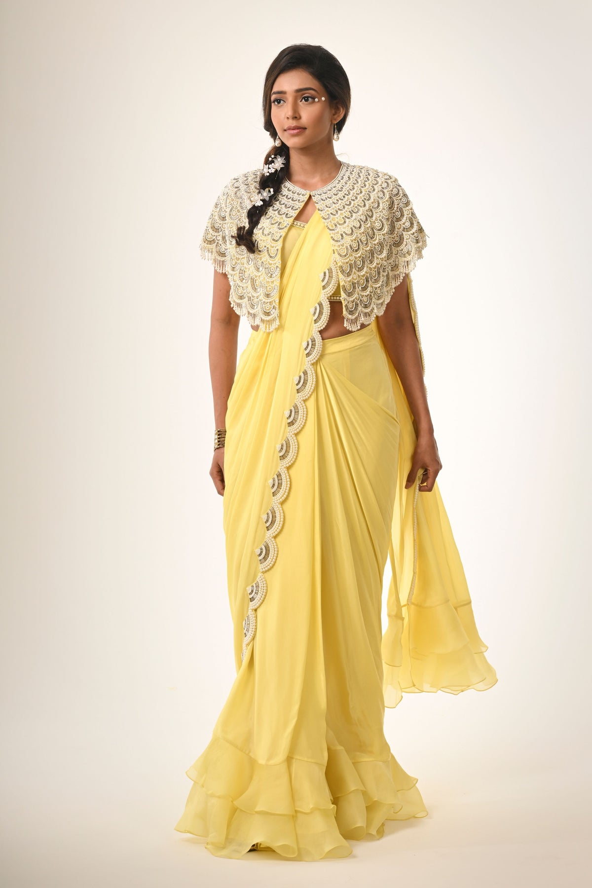 Pearl Scallop Cape Saree Set