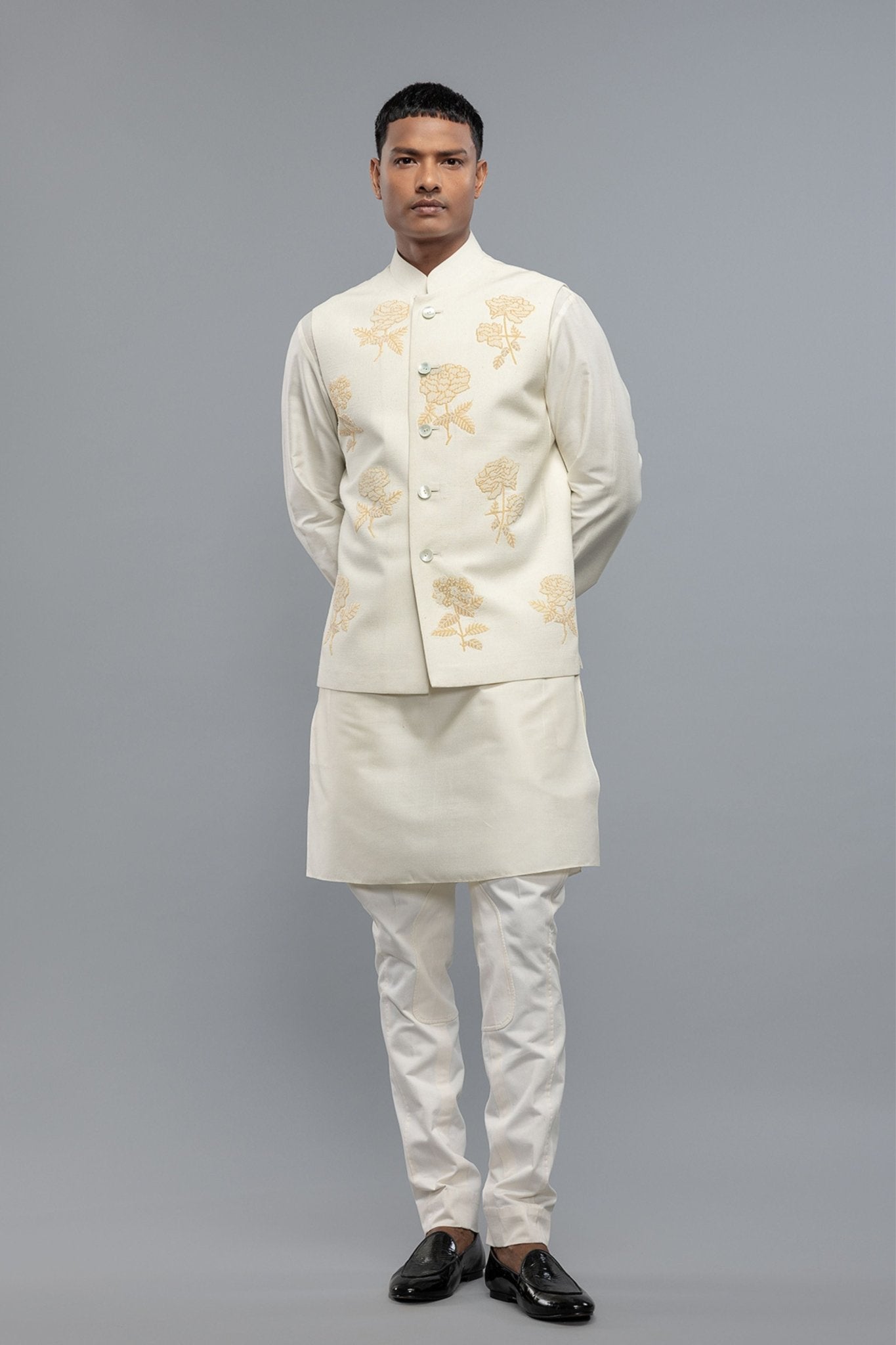 Ivory Bundi With Embroidery - Rohit Bal Menswear - Elahe