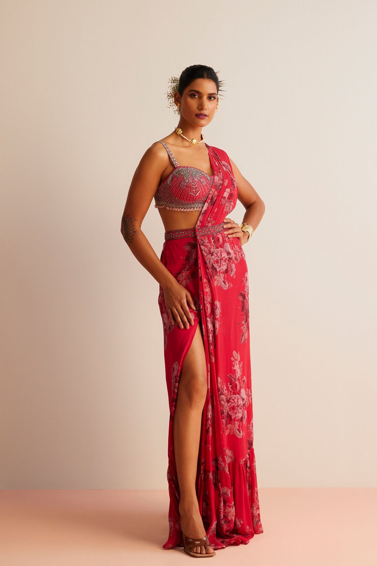 Red Rumi Pre-draped Saree