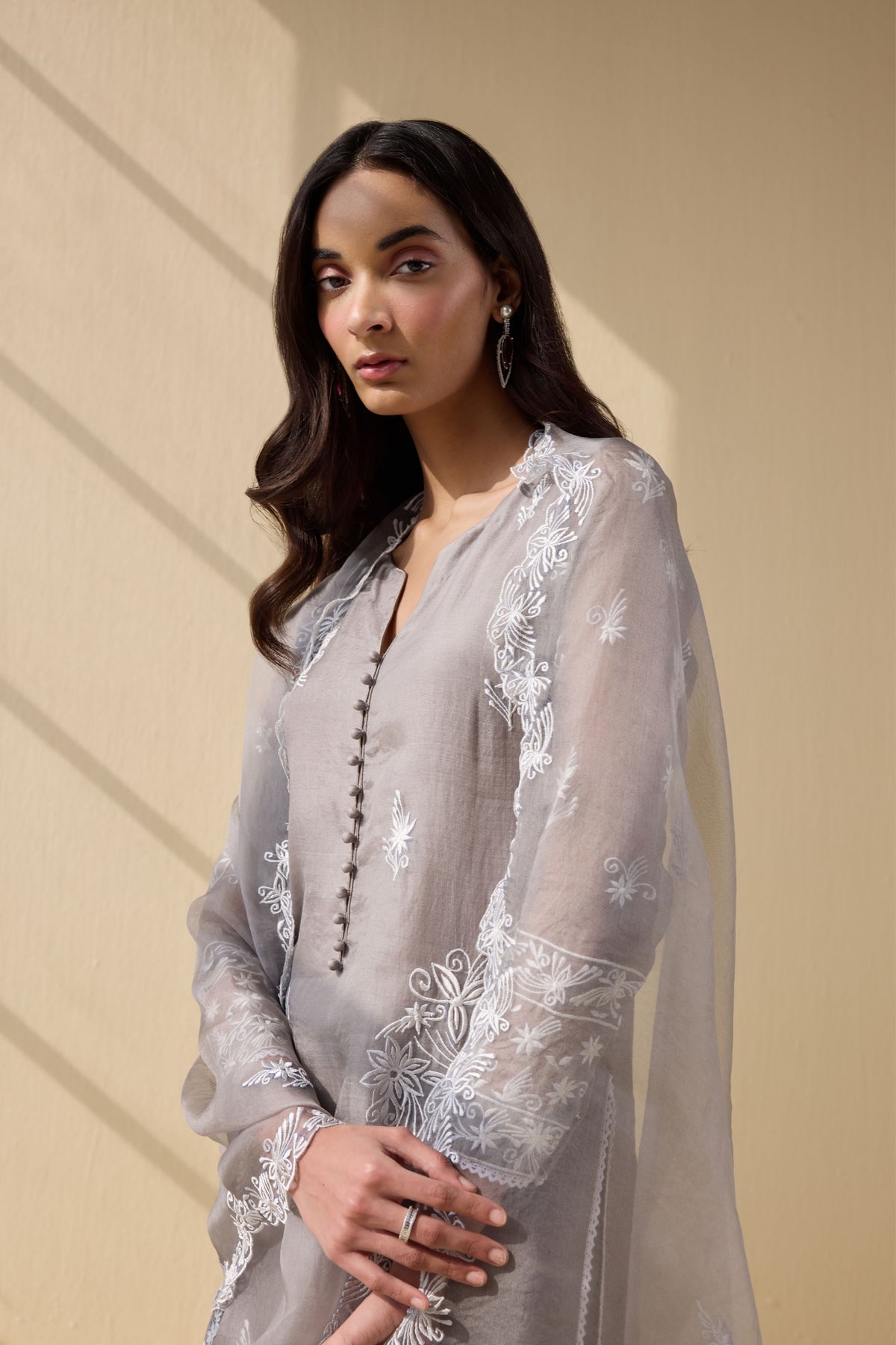 Grey Embroidered Organza Suit