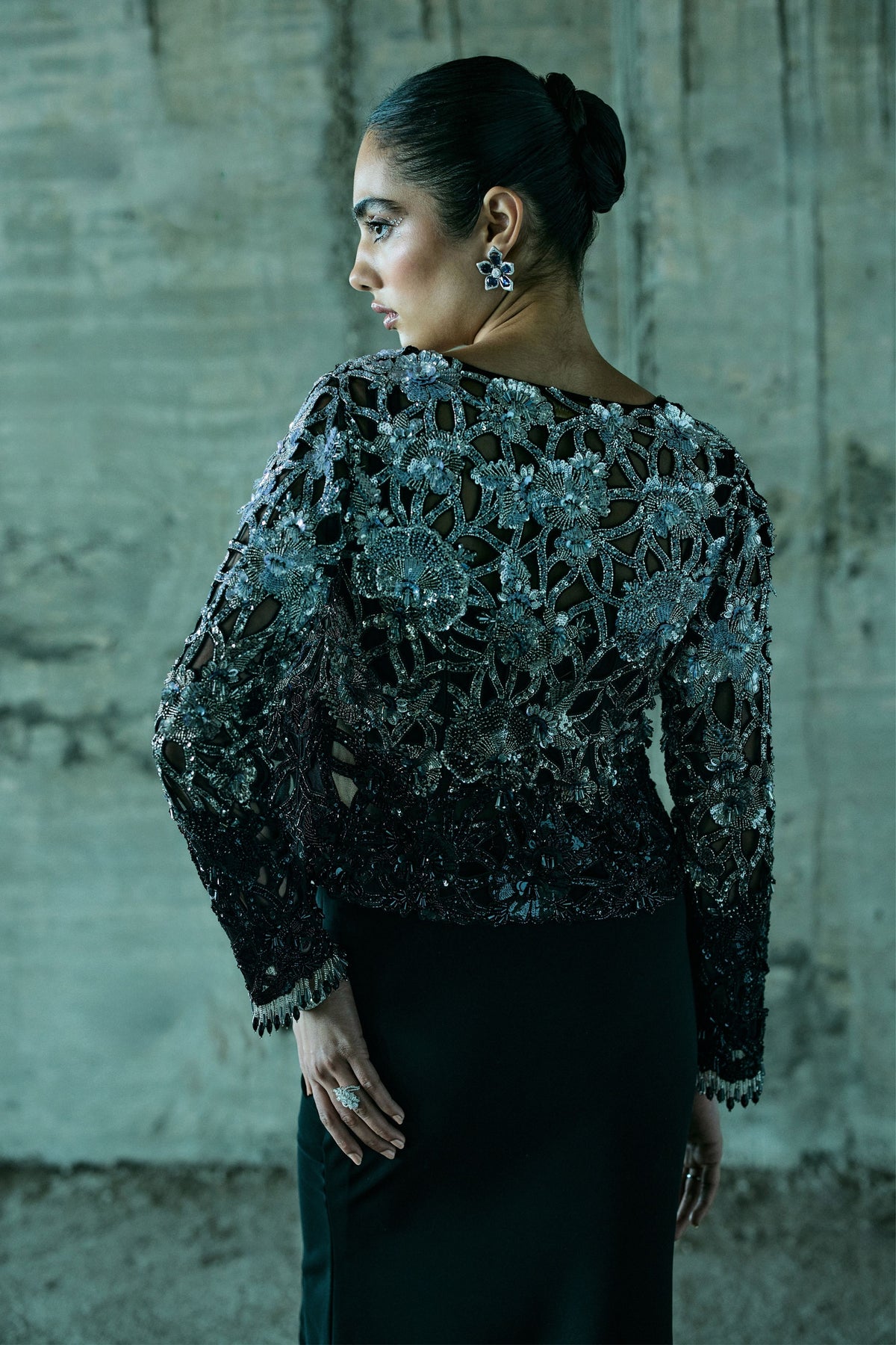 Black Shaded-Cutwork Jacket Set