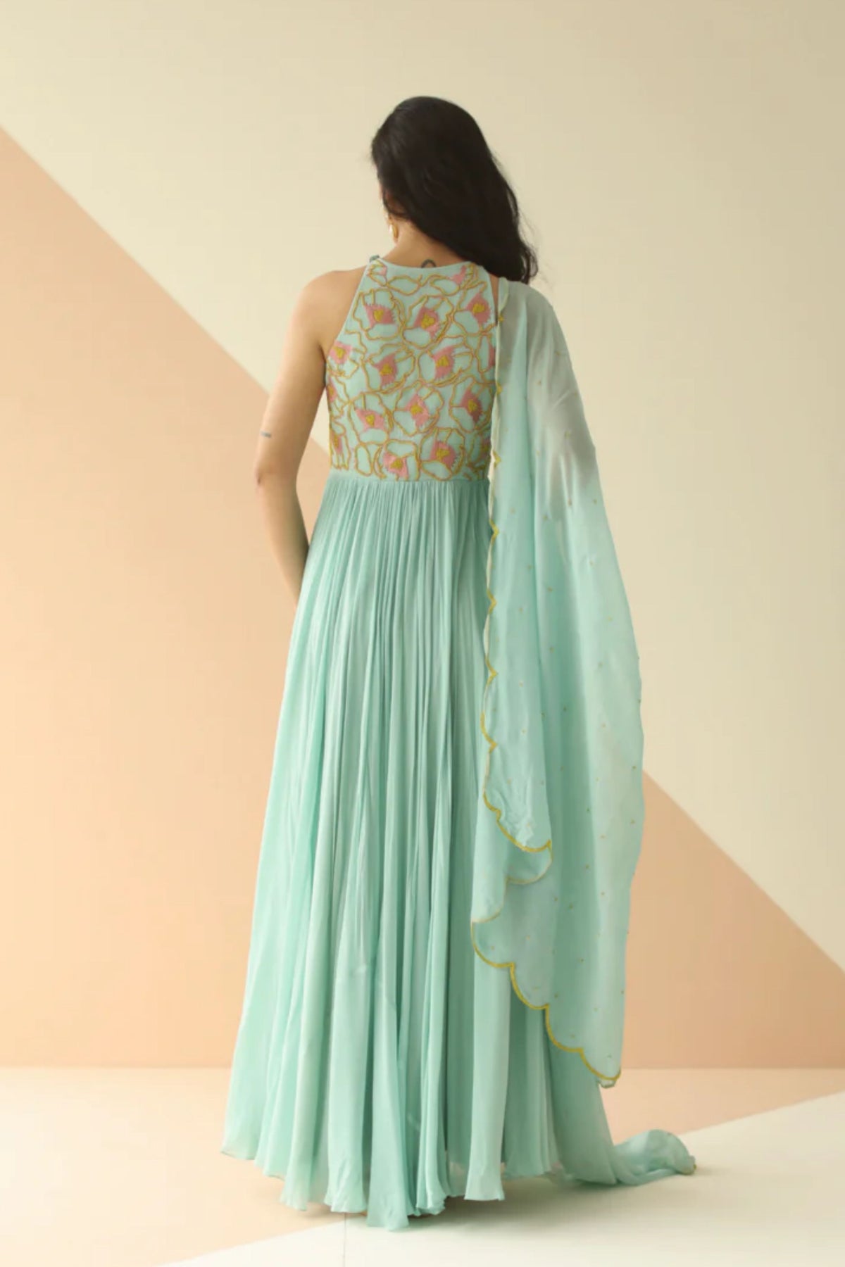 Mint blue abstract yoke anarkali