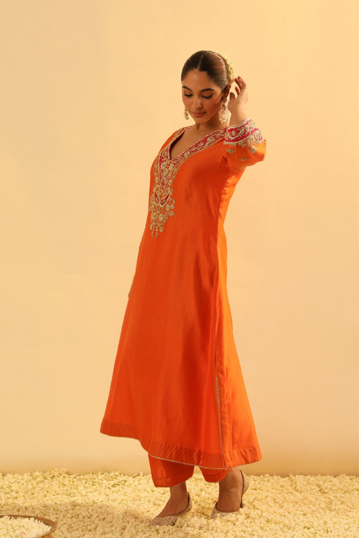 Alima Orange Long A-line Choga With Salwar