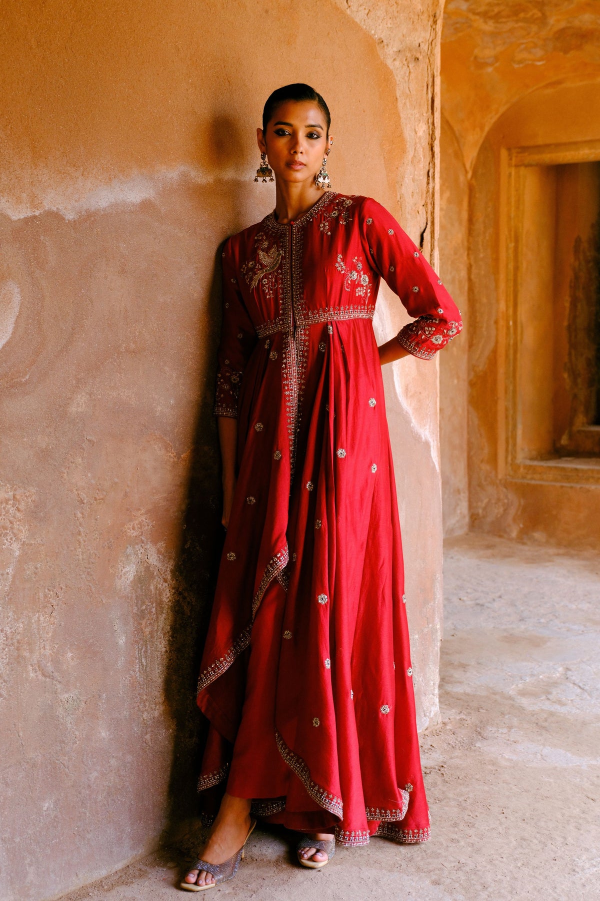 Embroidery Red Anarkali With Pants