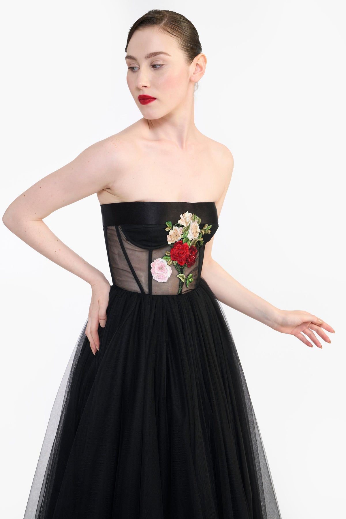 Tulle Midi With Floral Embroidery