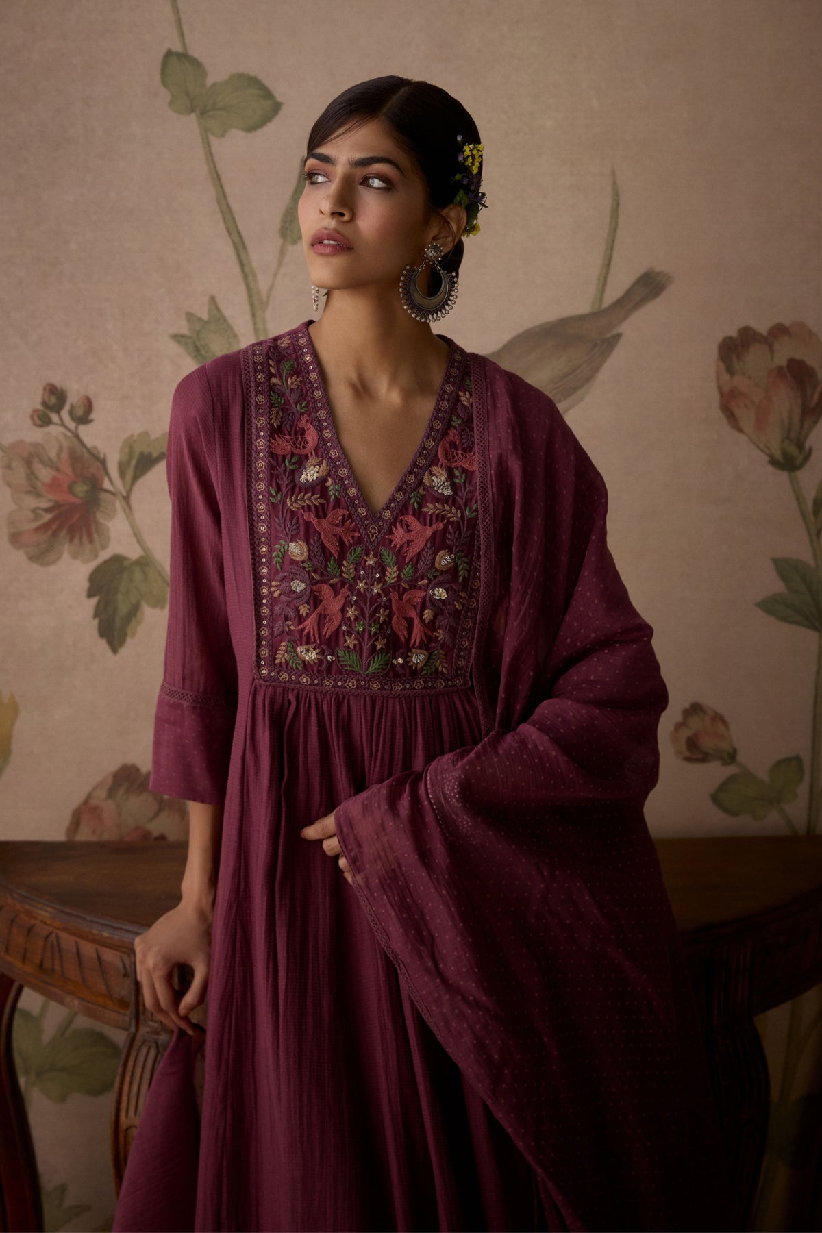 Wine Embroidered A-line Kurta Set