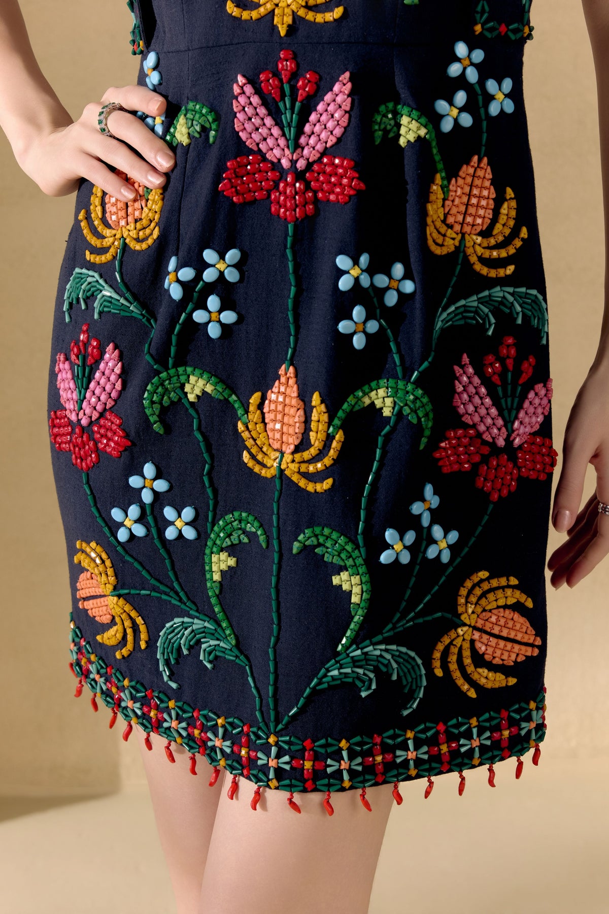 Black Mosaic Beadwork Cutout Dress