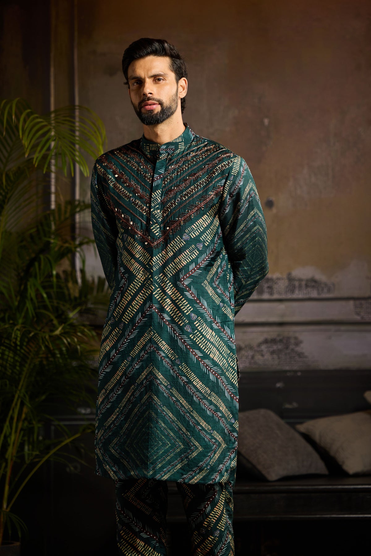 Dark Green Chevron kurta set