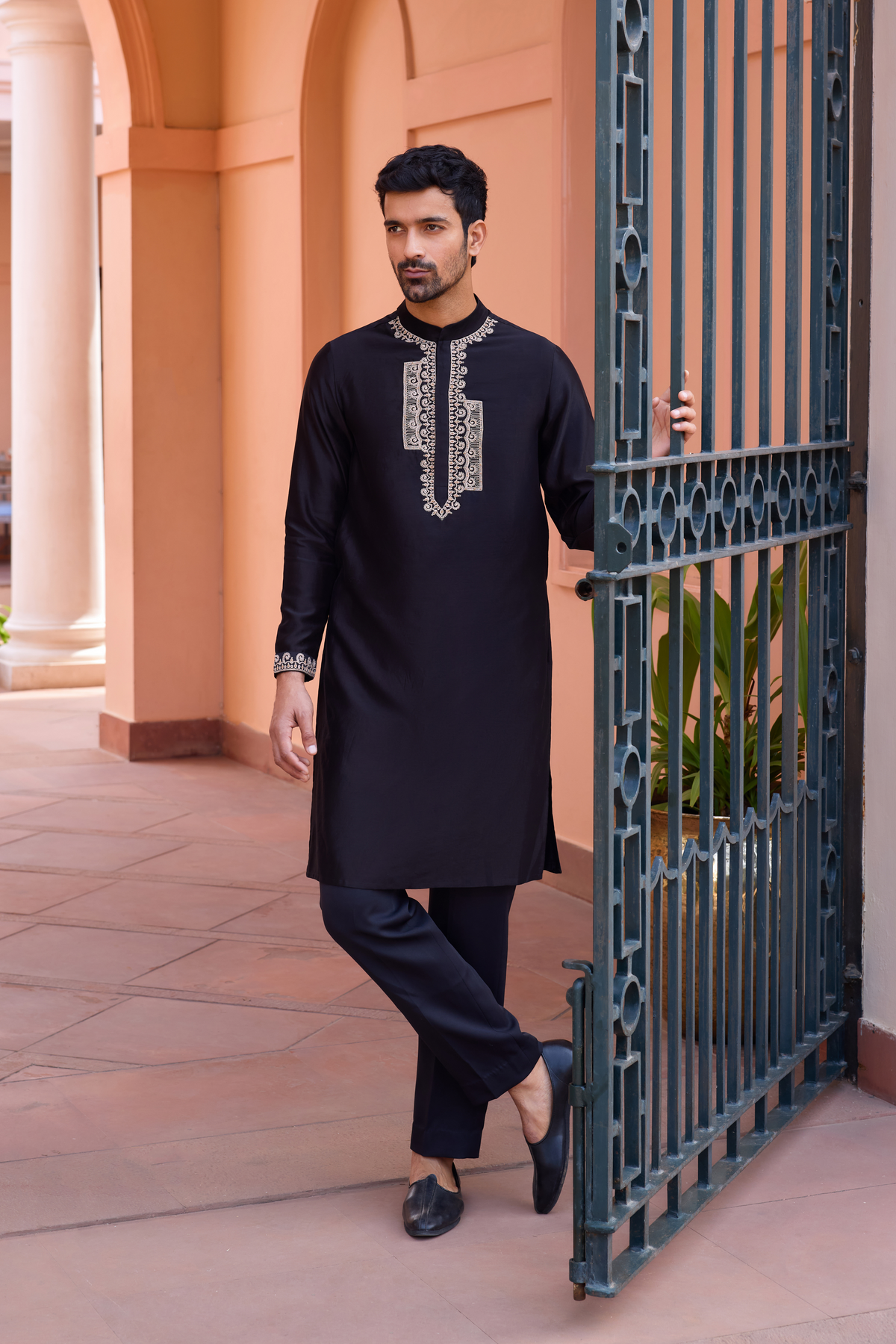 Black dori and hand embroidered silk kurta set