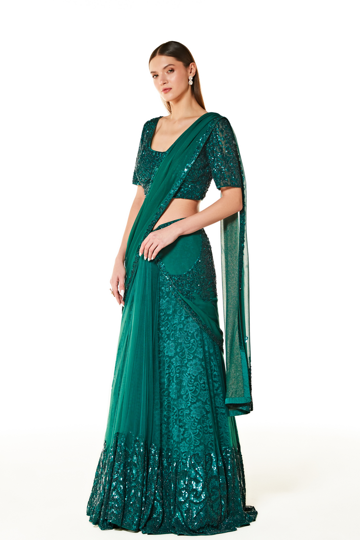 Green Adha Embroidered Lehenga Saree Set