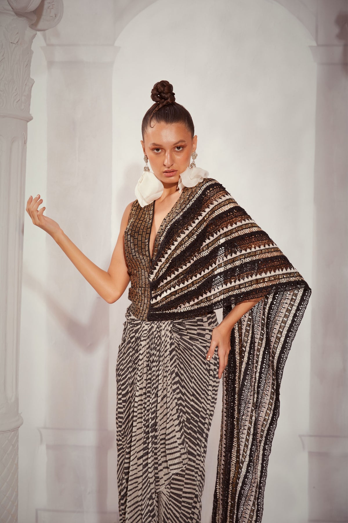 Black &amp; White Heavy Embellished Draped Saree