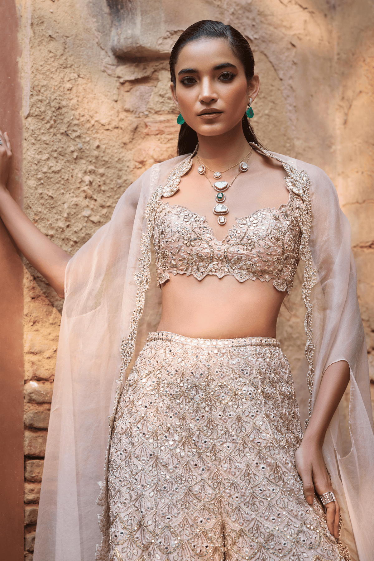 Nude Peach Rawsilk High Waist Sharara and Cape Set
