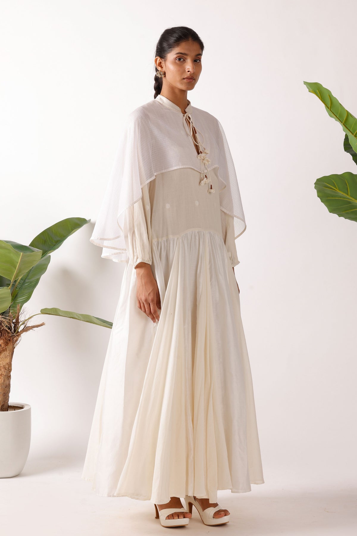 Cream Jamdani Godet Cape Dress