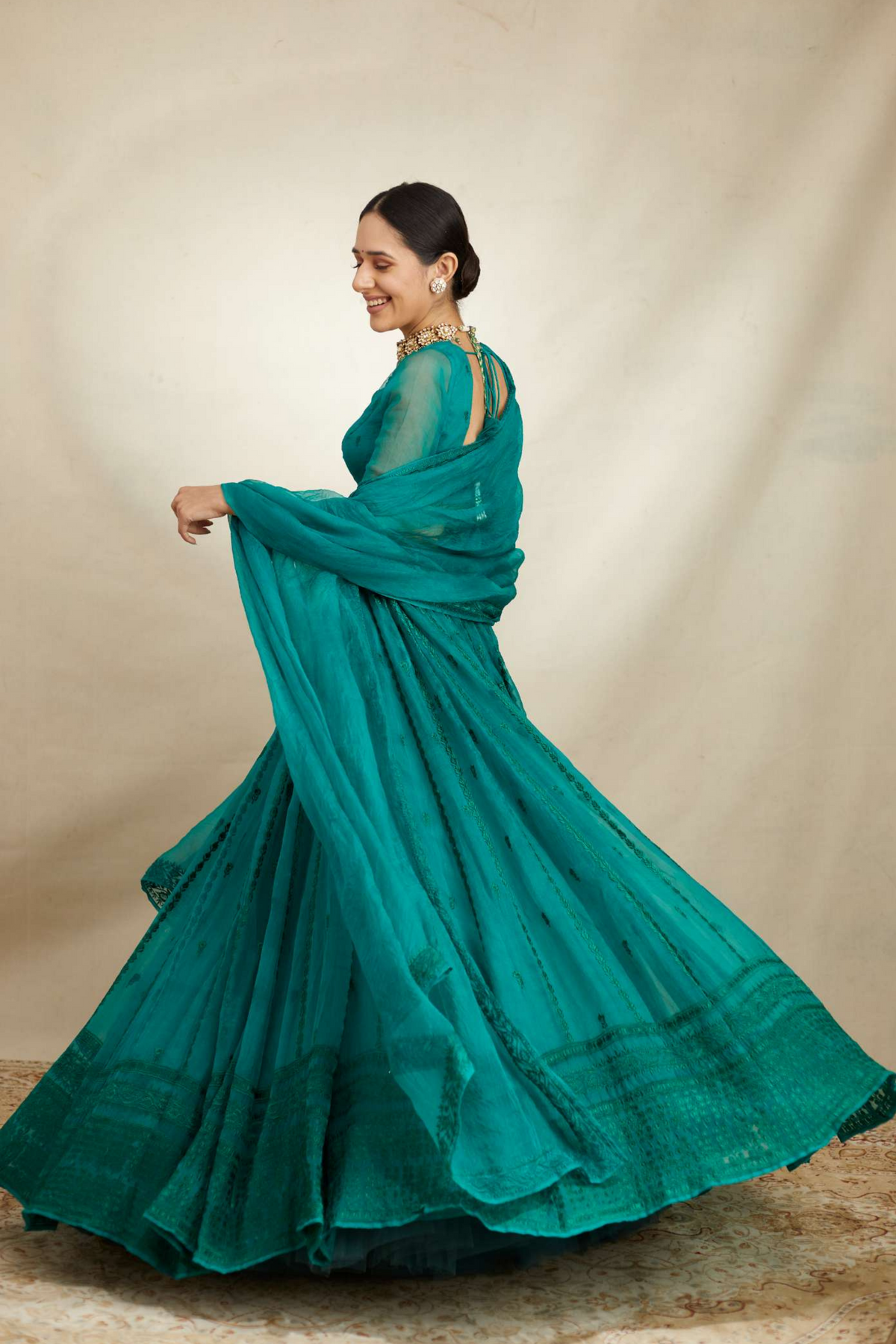 Teal Green Organza Lehenga Set