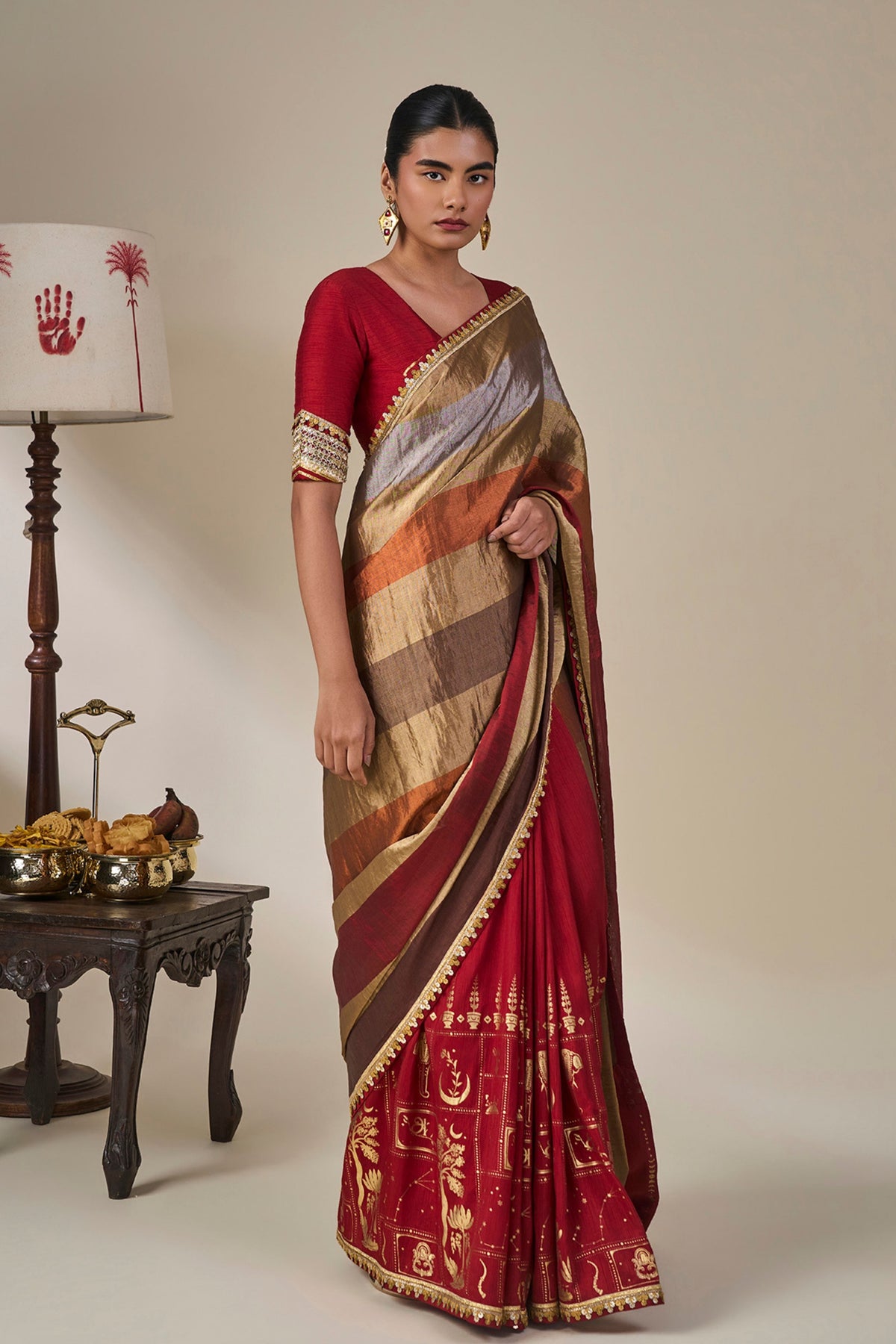 Red Tropical Stardust Saree