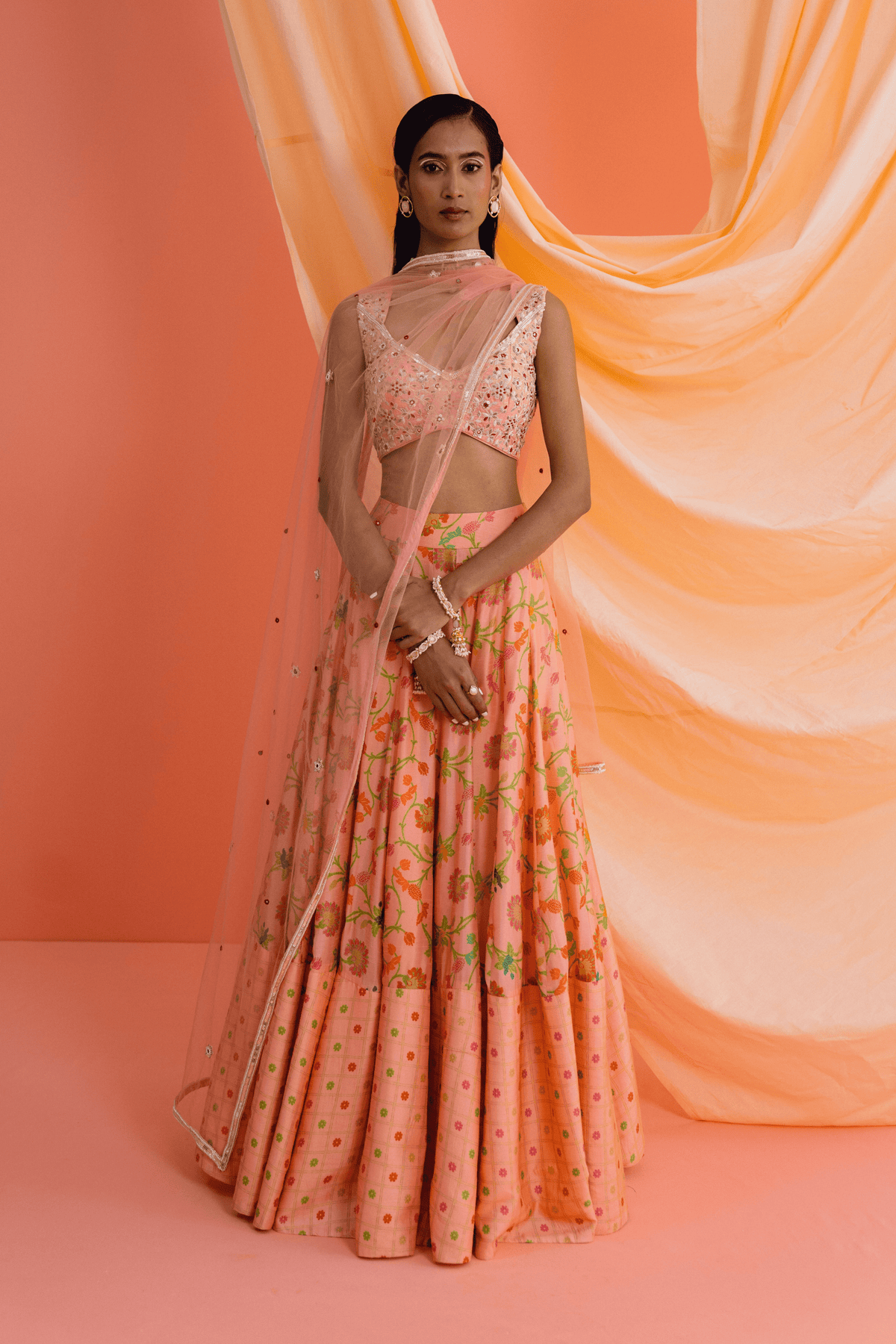 Peach Panelled Lehenga Set
