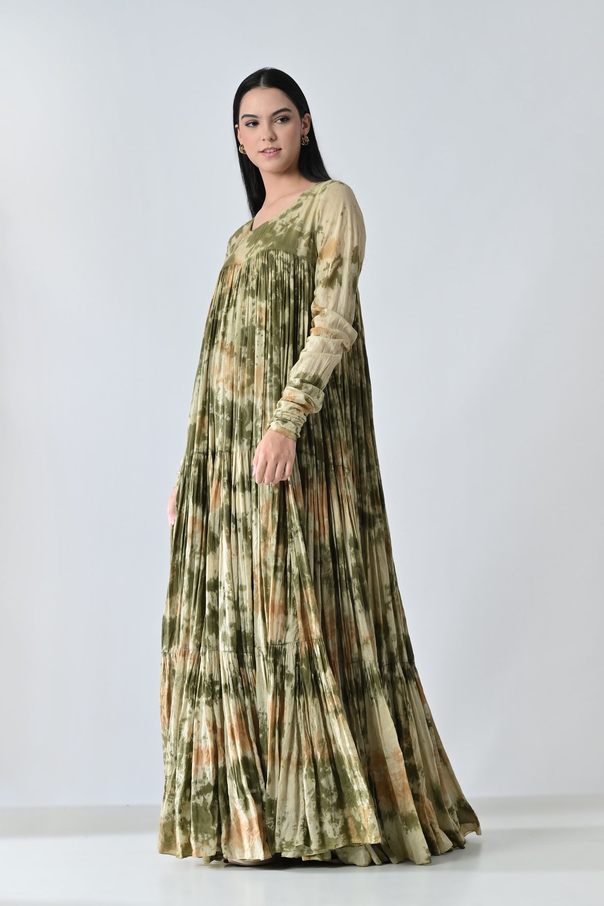 Olive Meadow Pleated Printed Dress