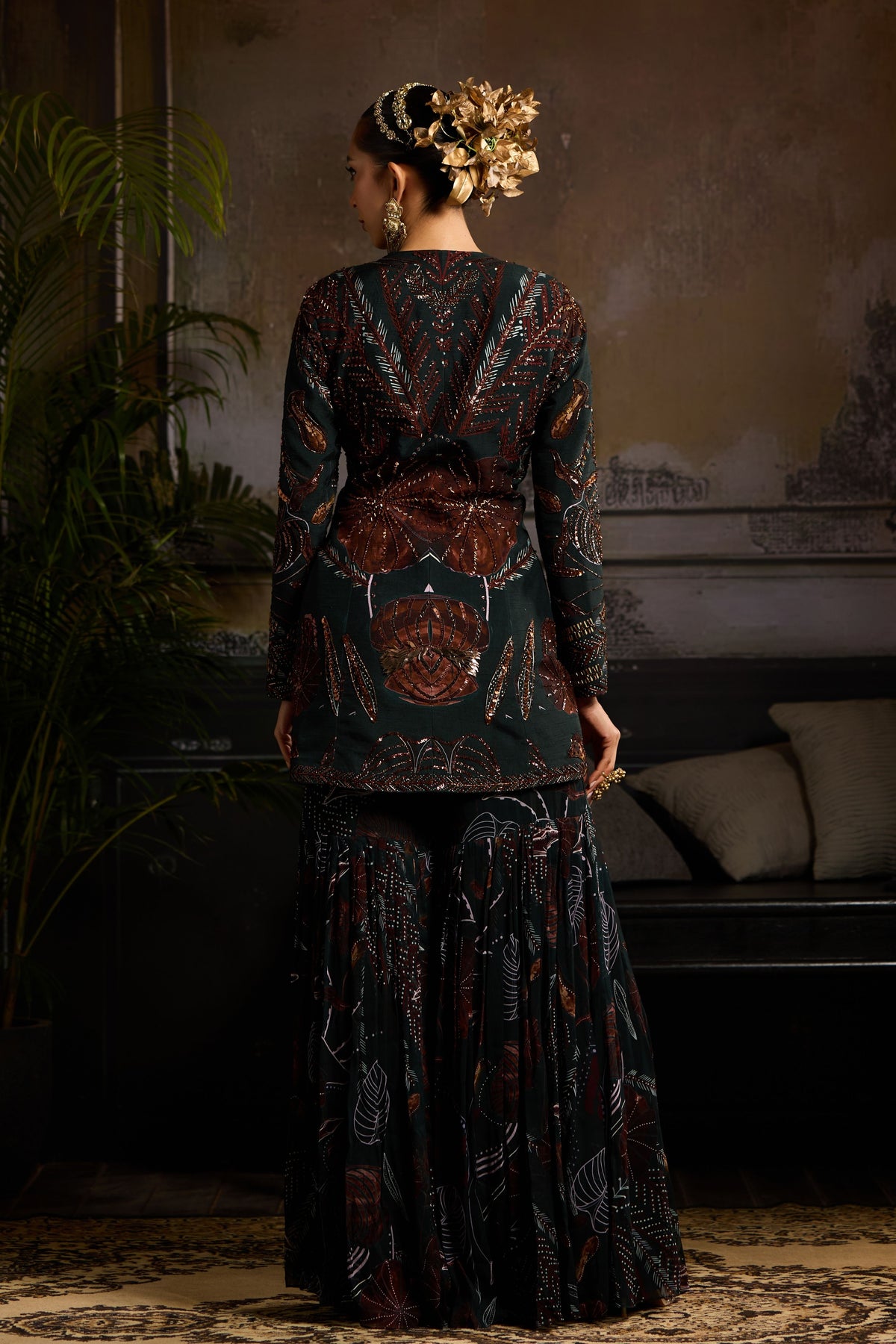 Dark Green Print Blazer Set