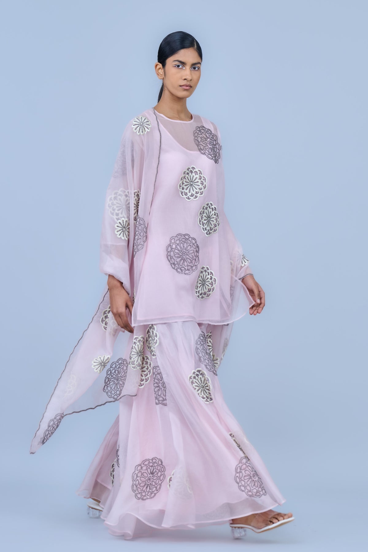 Pink Threadwork Silk Organza Sharara