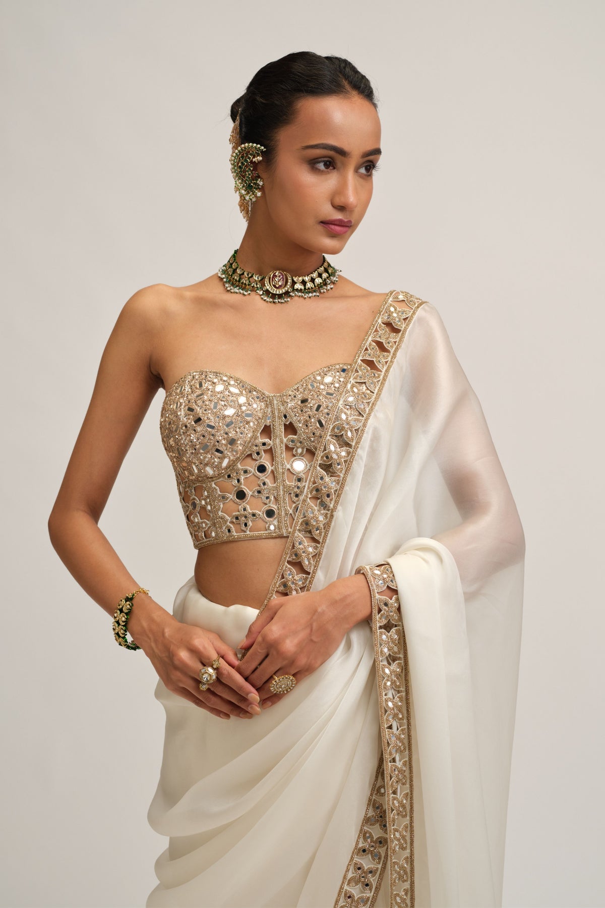 Off White Border Saree Set