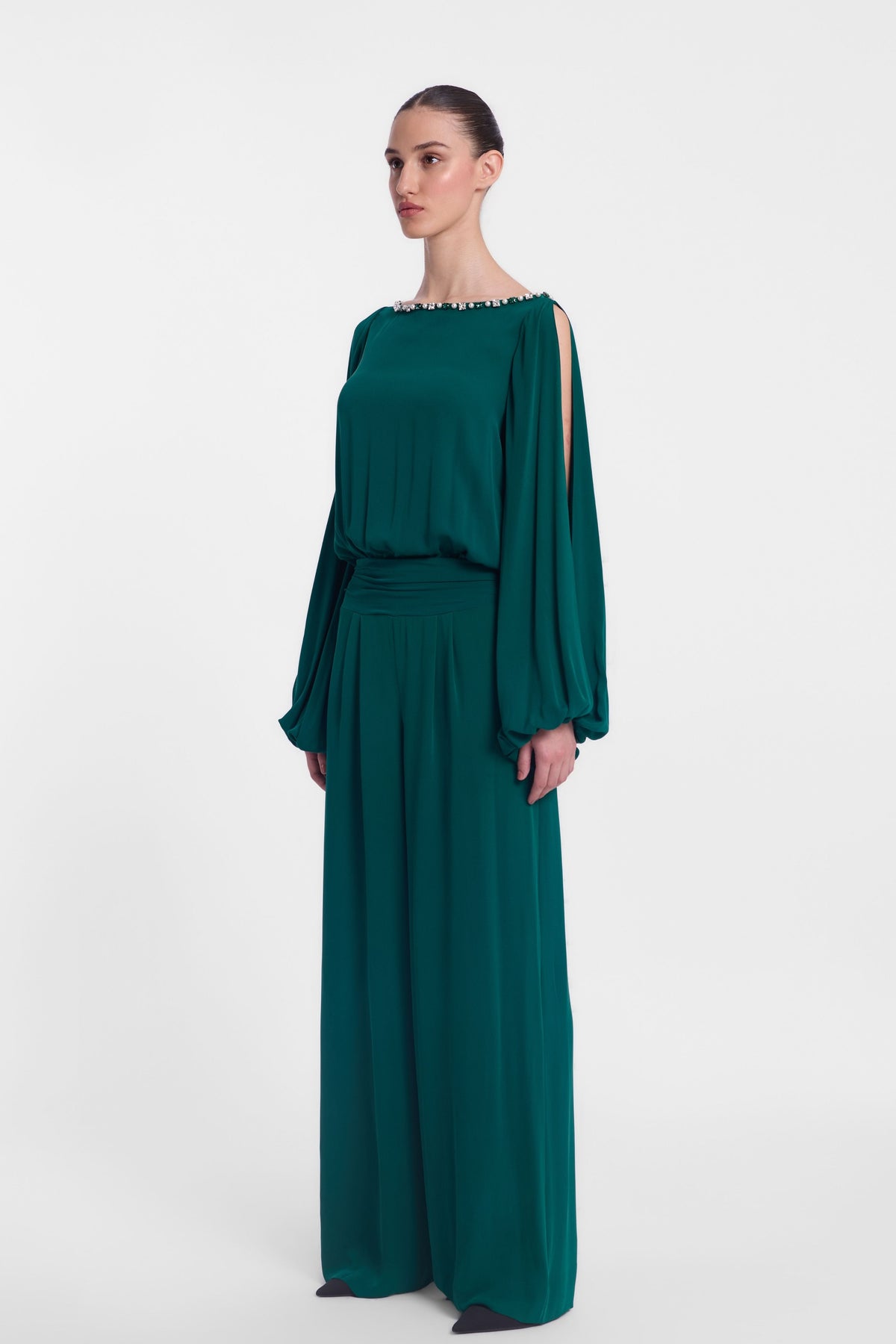 Boat Neck Slit Sleeve Jumpsuit