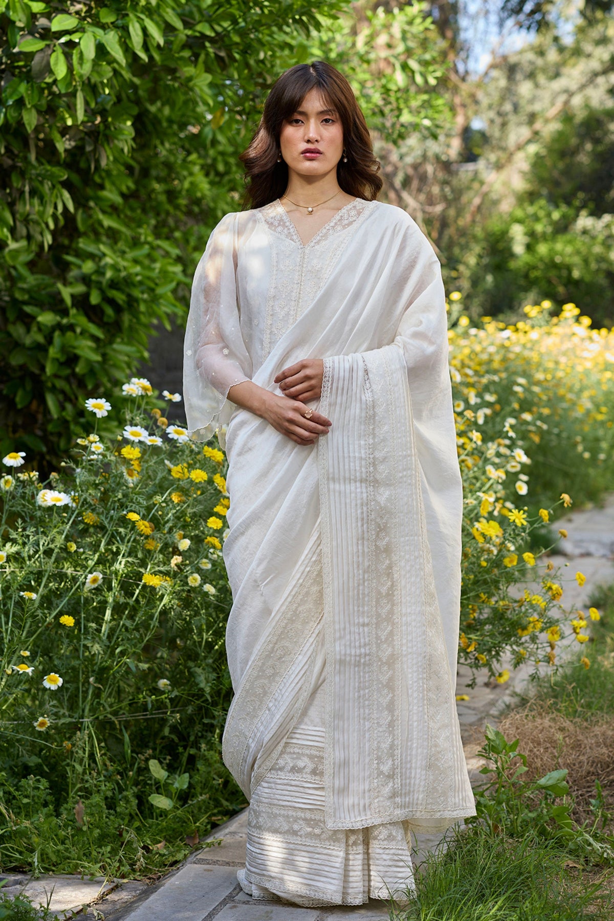 Wander Trail Ivory Embroidered Saree