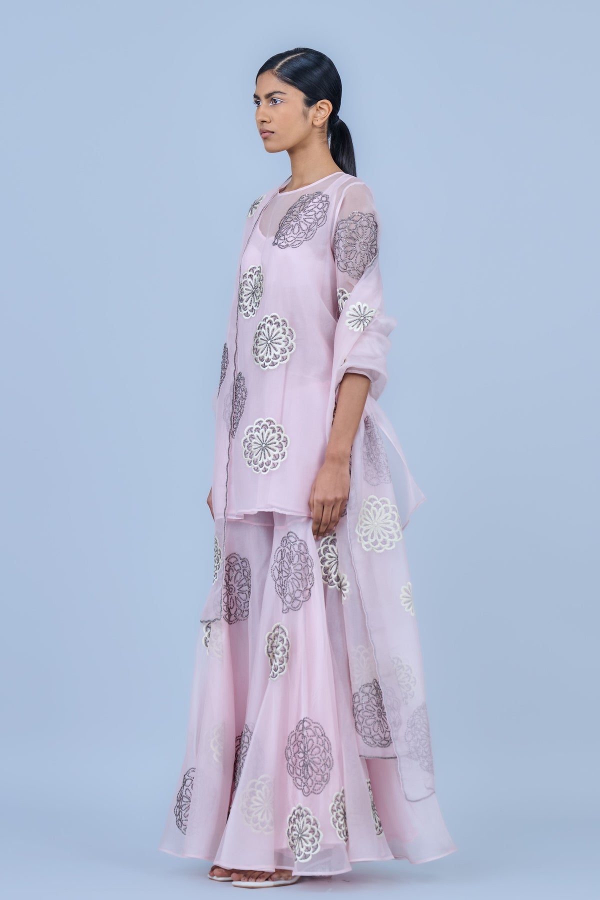 Pink Threadwork Silk Organza Sharara