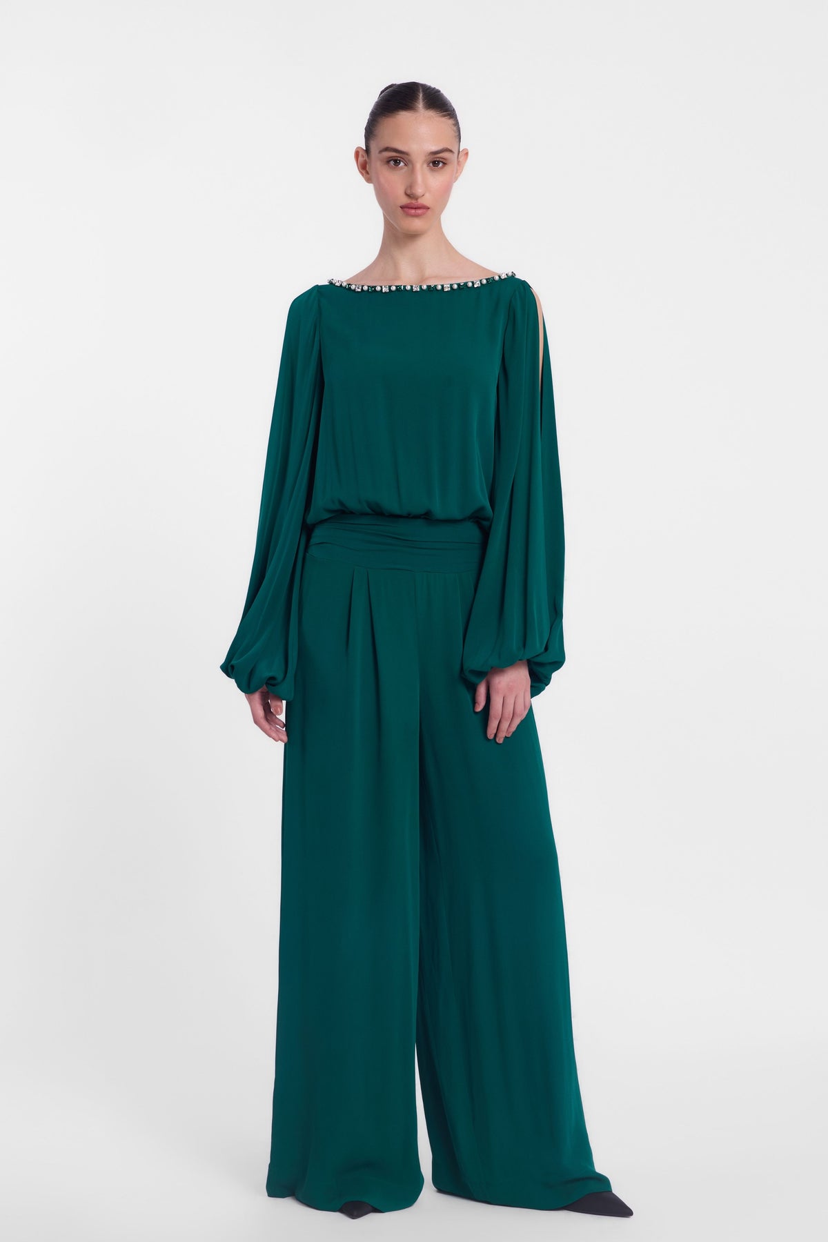 Boat Neck Slit Sleeve Jumpsuit