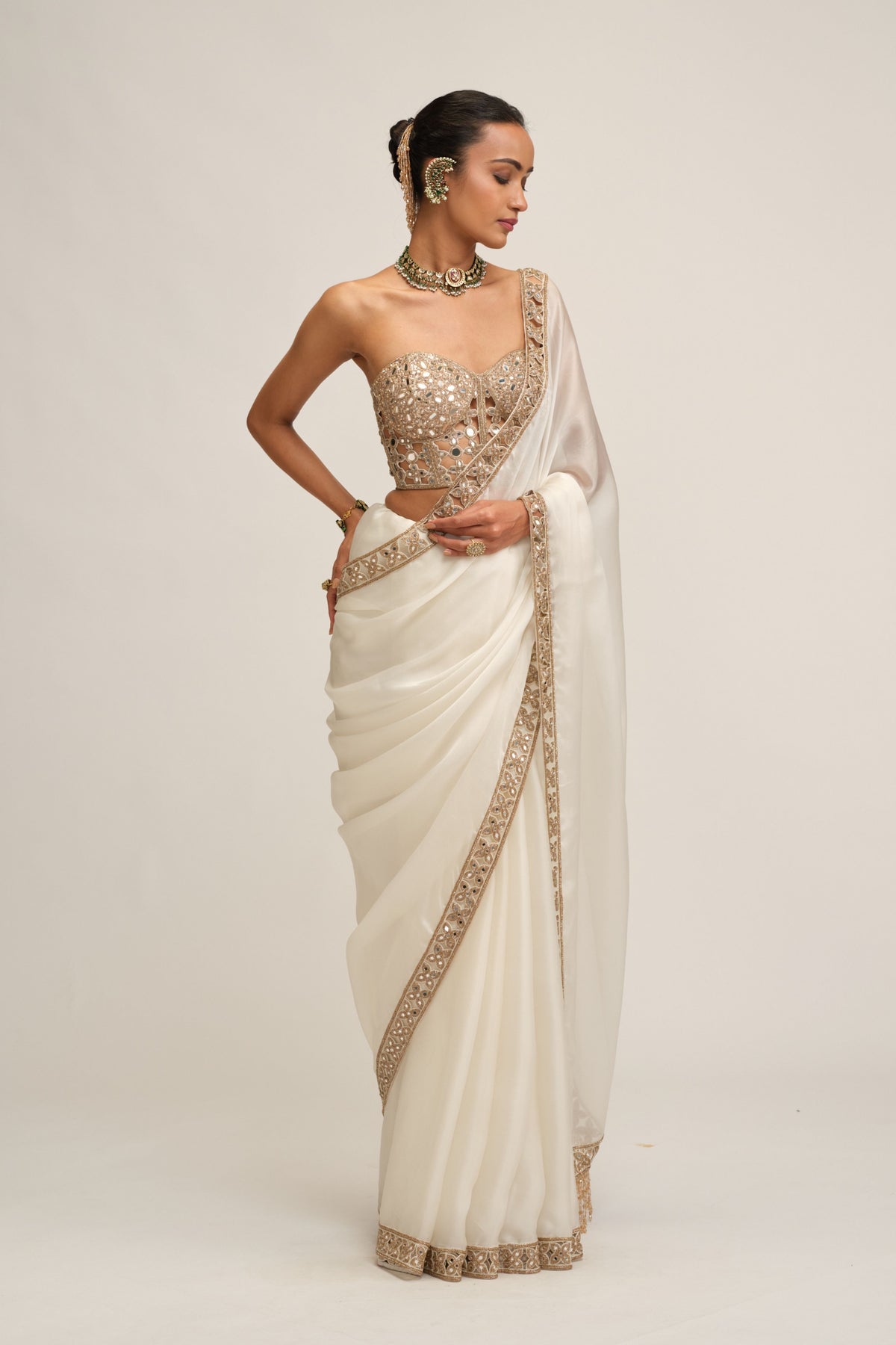 Off White Border Saree Set