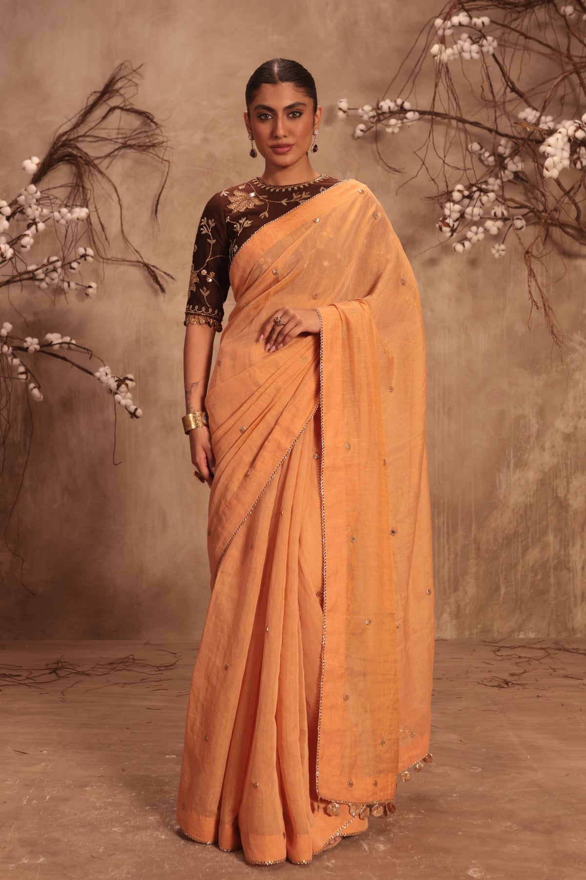 Orange Embroidered Saree Set
