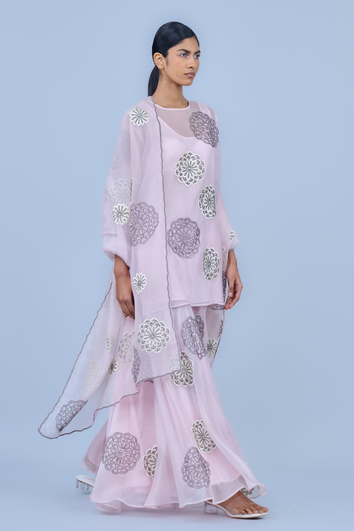 Pink Threadwork Silk Organza Sharara